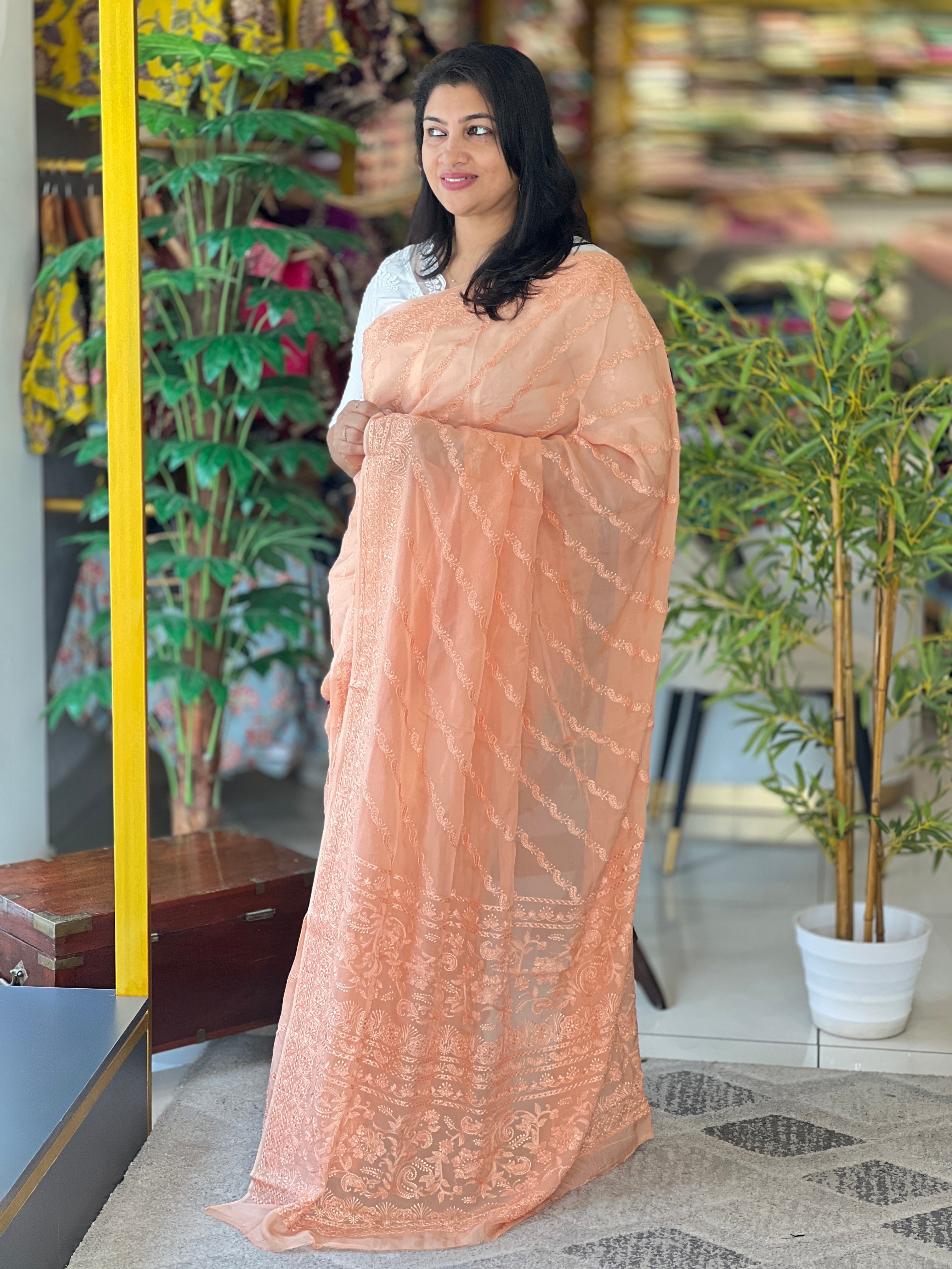 Lucknowi Inspired  Embroidery Detailed Pure Viscose Organza Saree | MM405