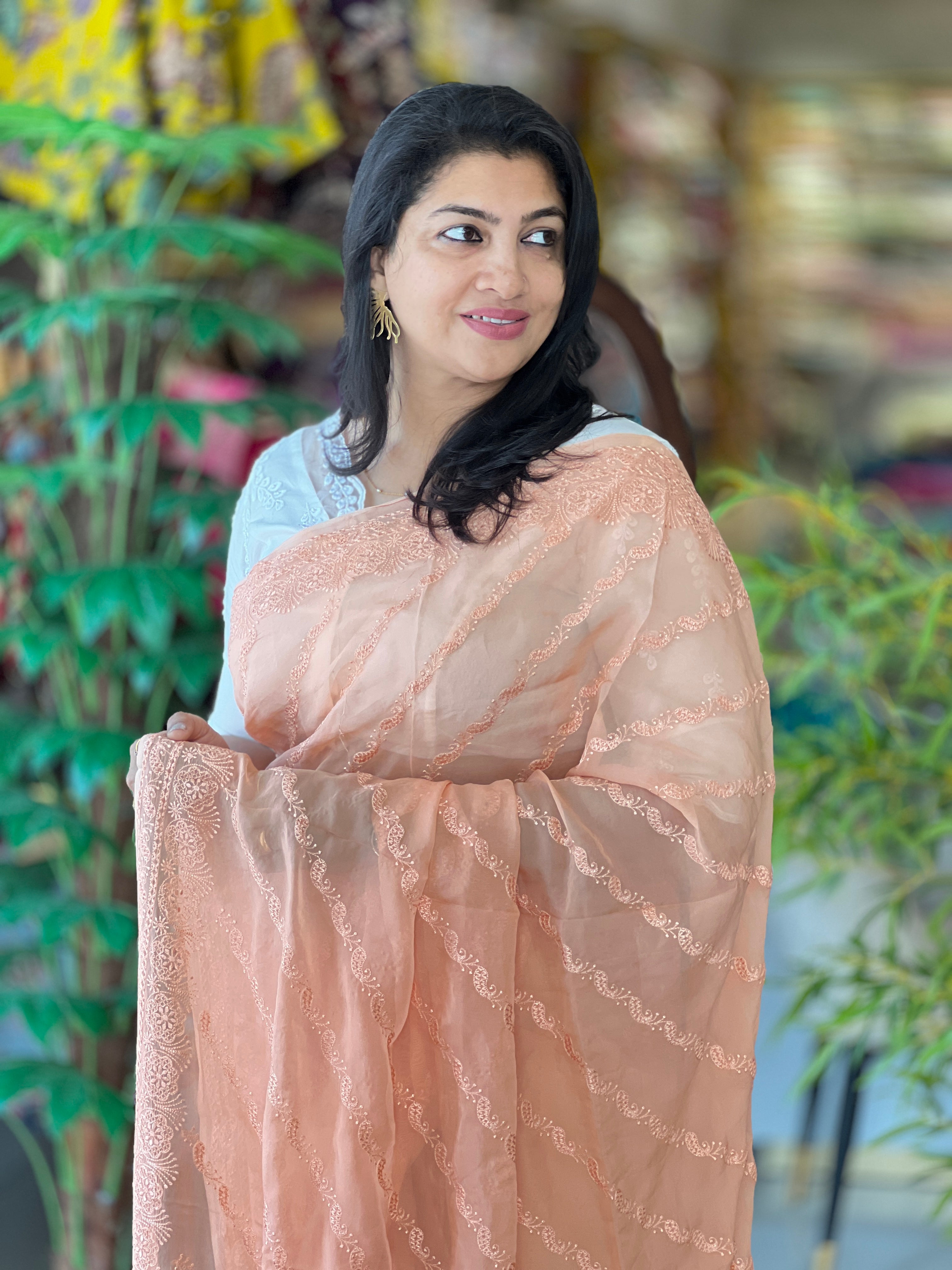 Lucknowi Inspired  Embroidery Detailed Pure Viscose Organza Saree | MM405