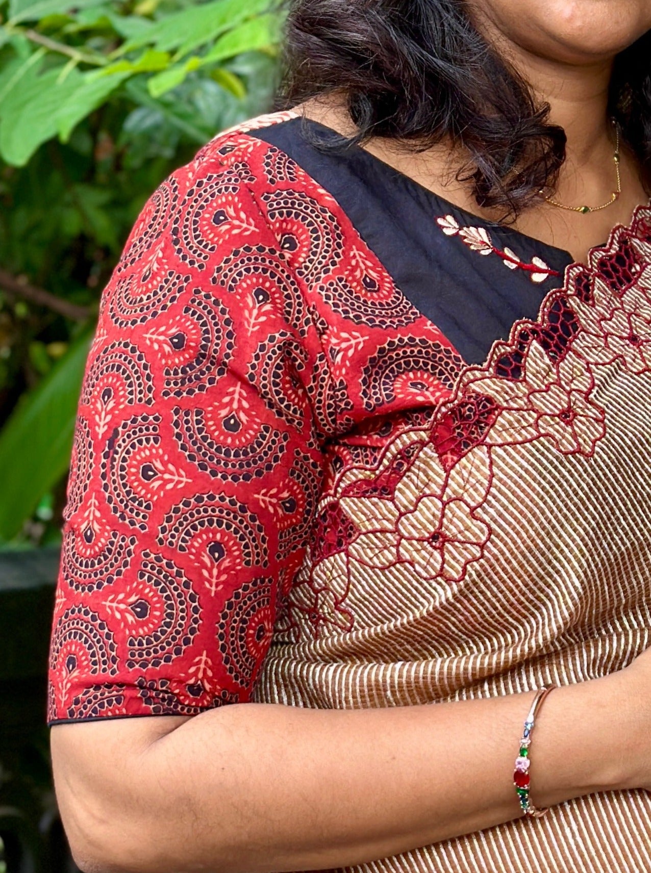 Floral Machine Embroidery Bagru Blouse Material | BM121