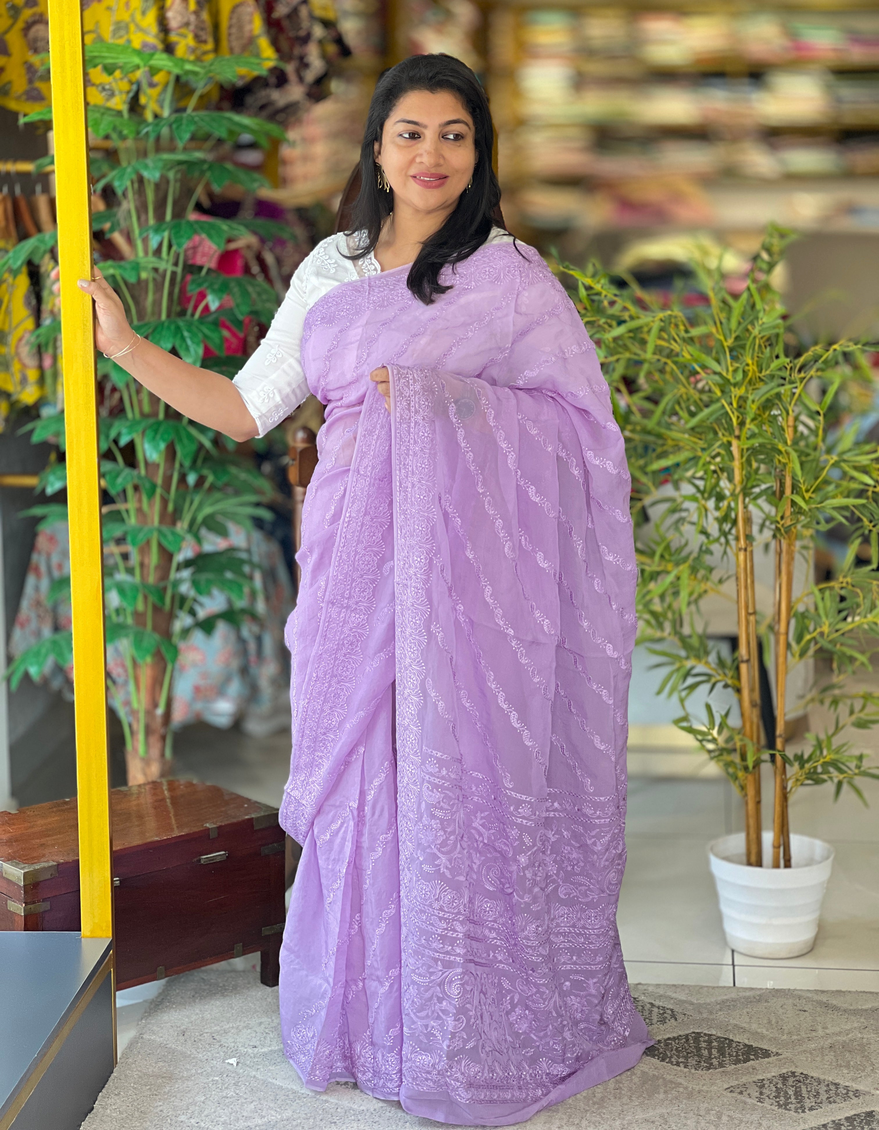 Lucknowi Inspired Embroidery Detailed Pure Viscose Organza Saree | MM406