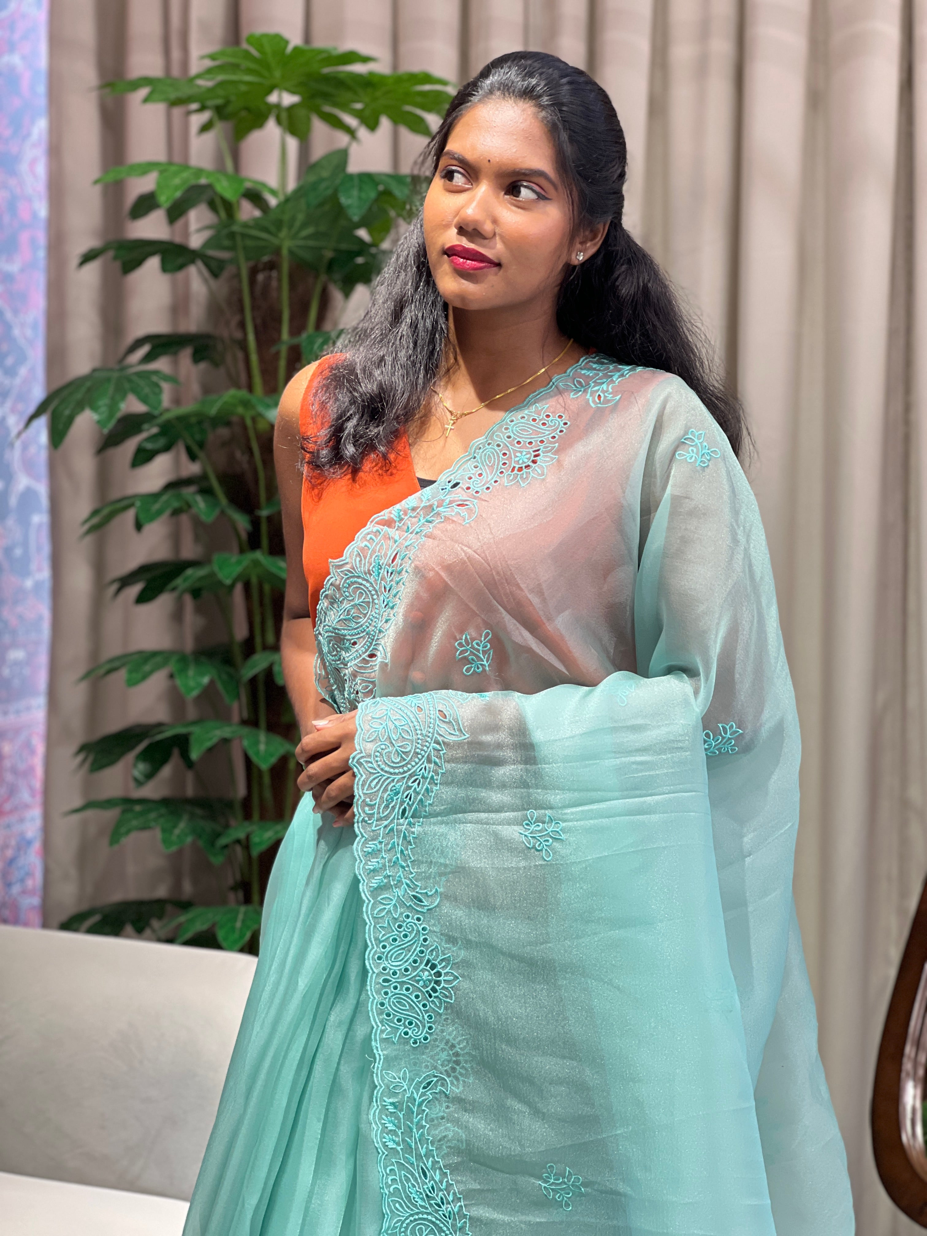 Floral Machine Embroidery Shimmer Organza Saree | BLD2069