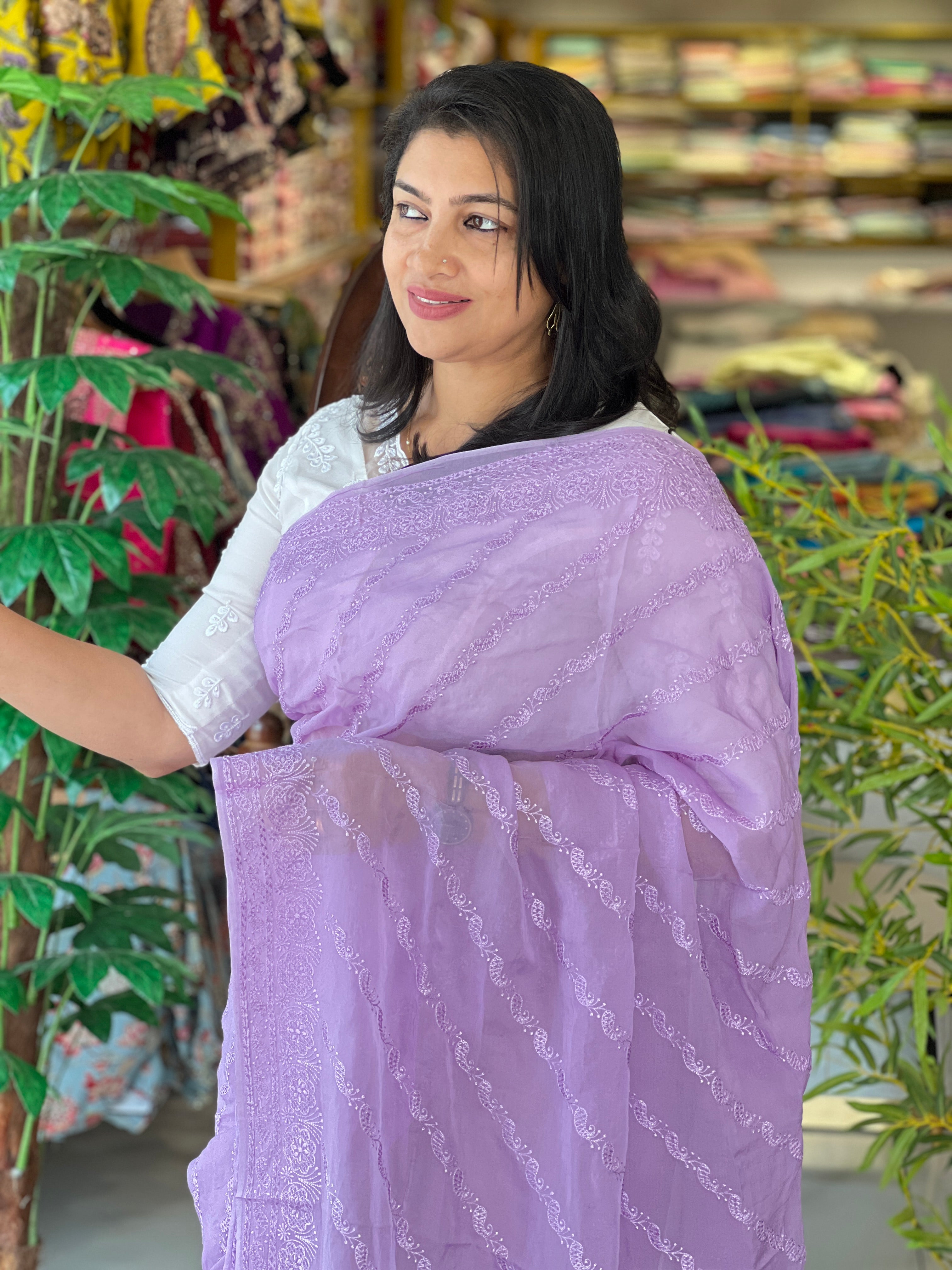 Lucknowi Inspired Embroidery Detailed Pure Viscose Organza Saree | MM406