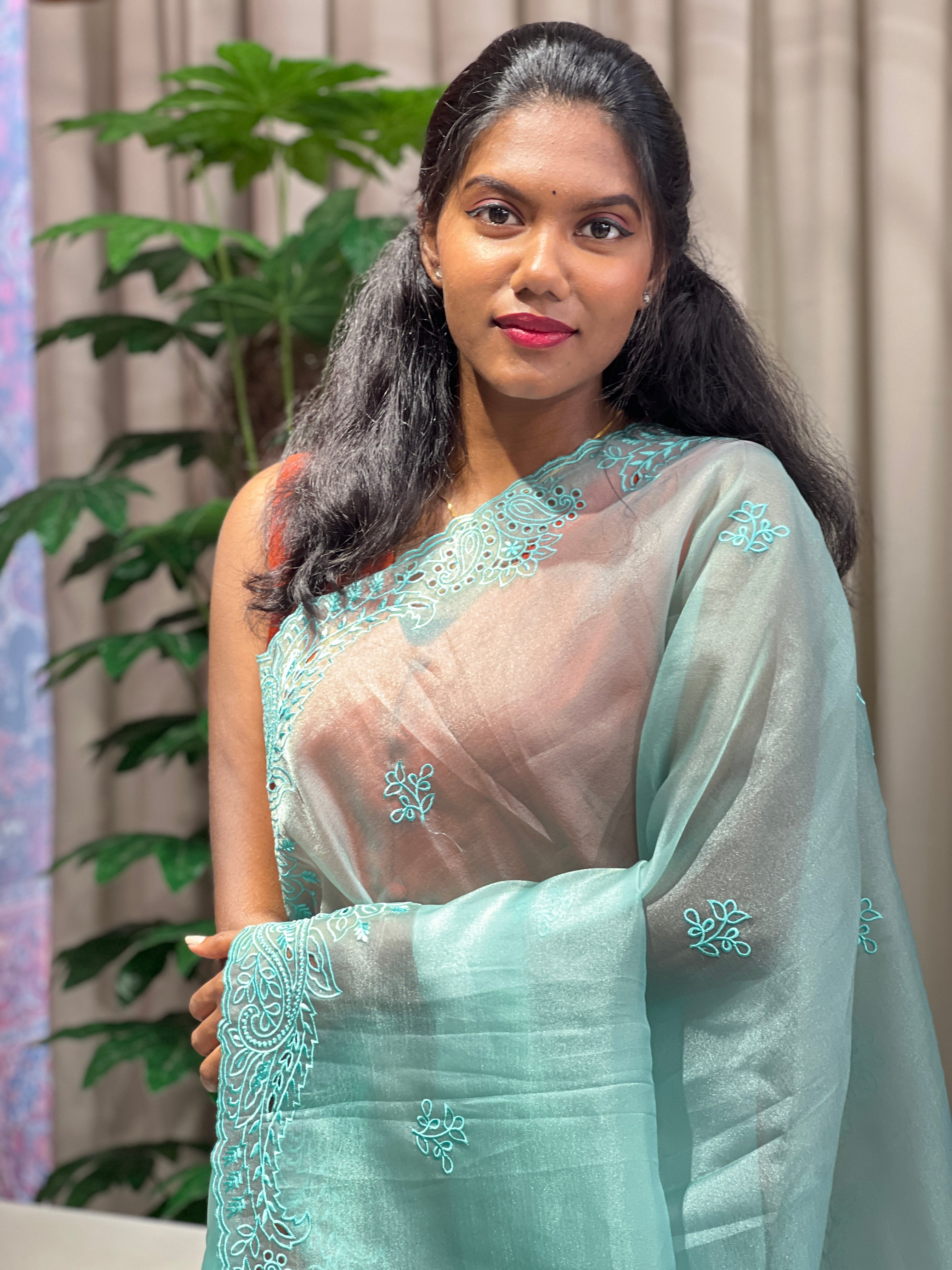 Floral Machine Embroidery Shimmer Organza Saree | BLD2069