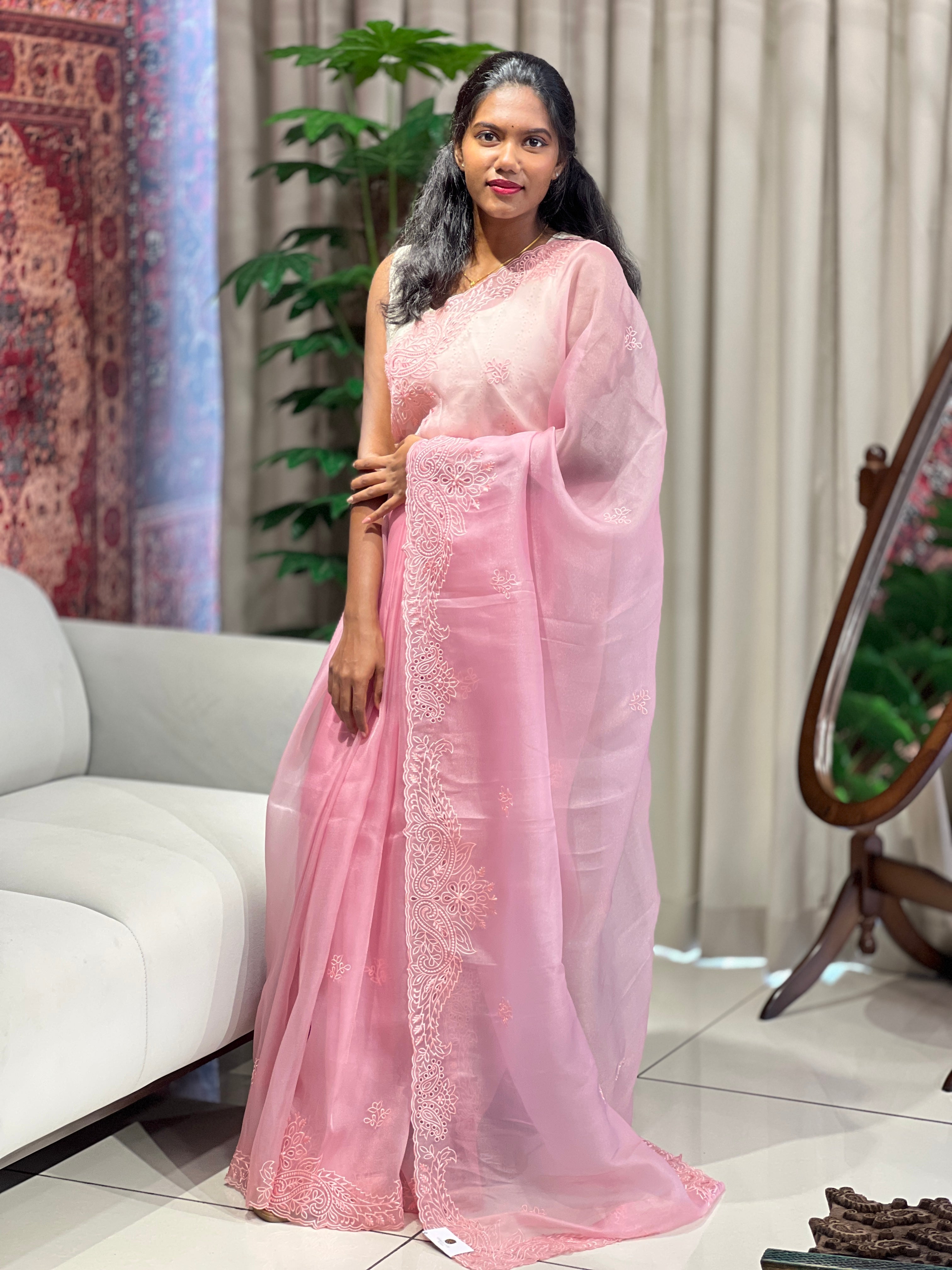 Floral Machine Embroidery Shimmer Organza Saree | BLD2067