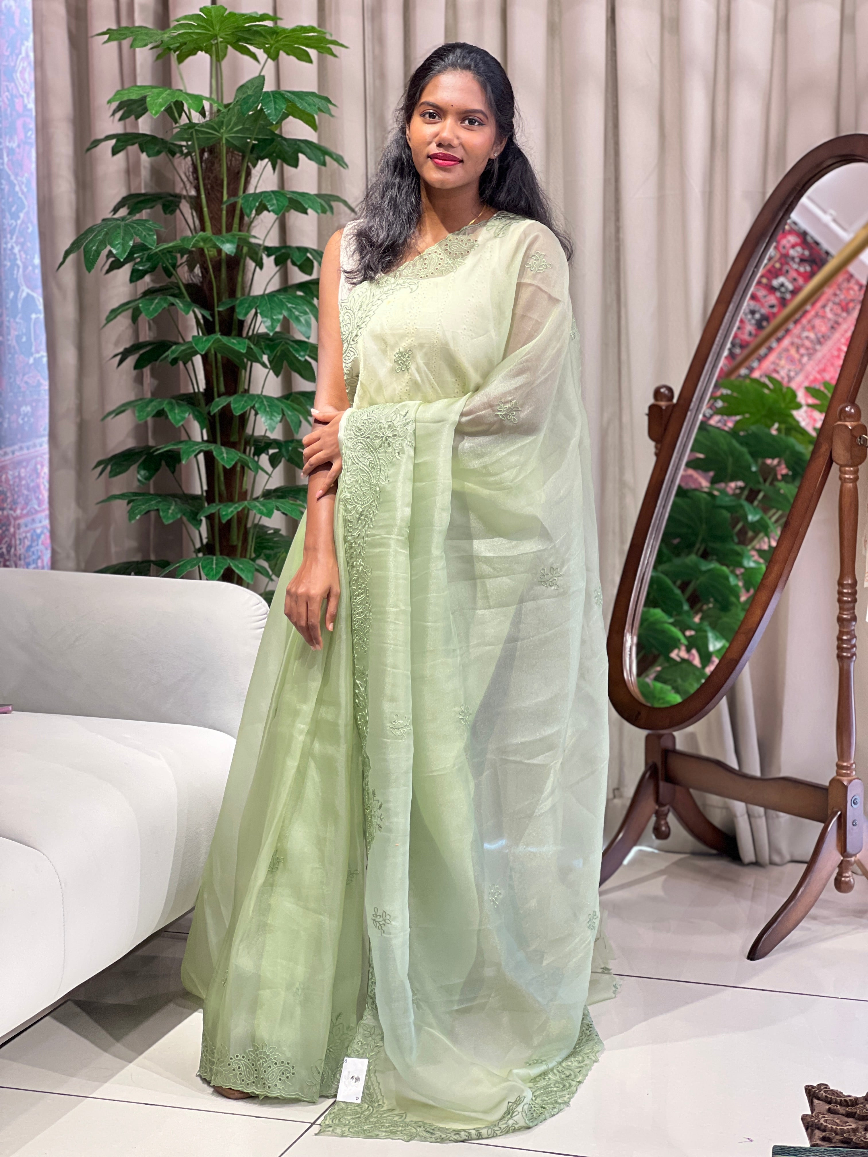 Floral Machine Embroidery Shimmer Organza Saree | BLD2066