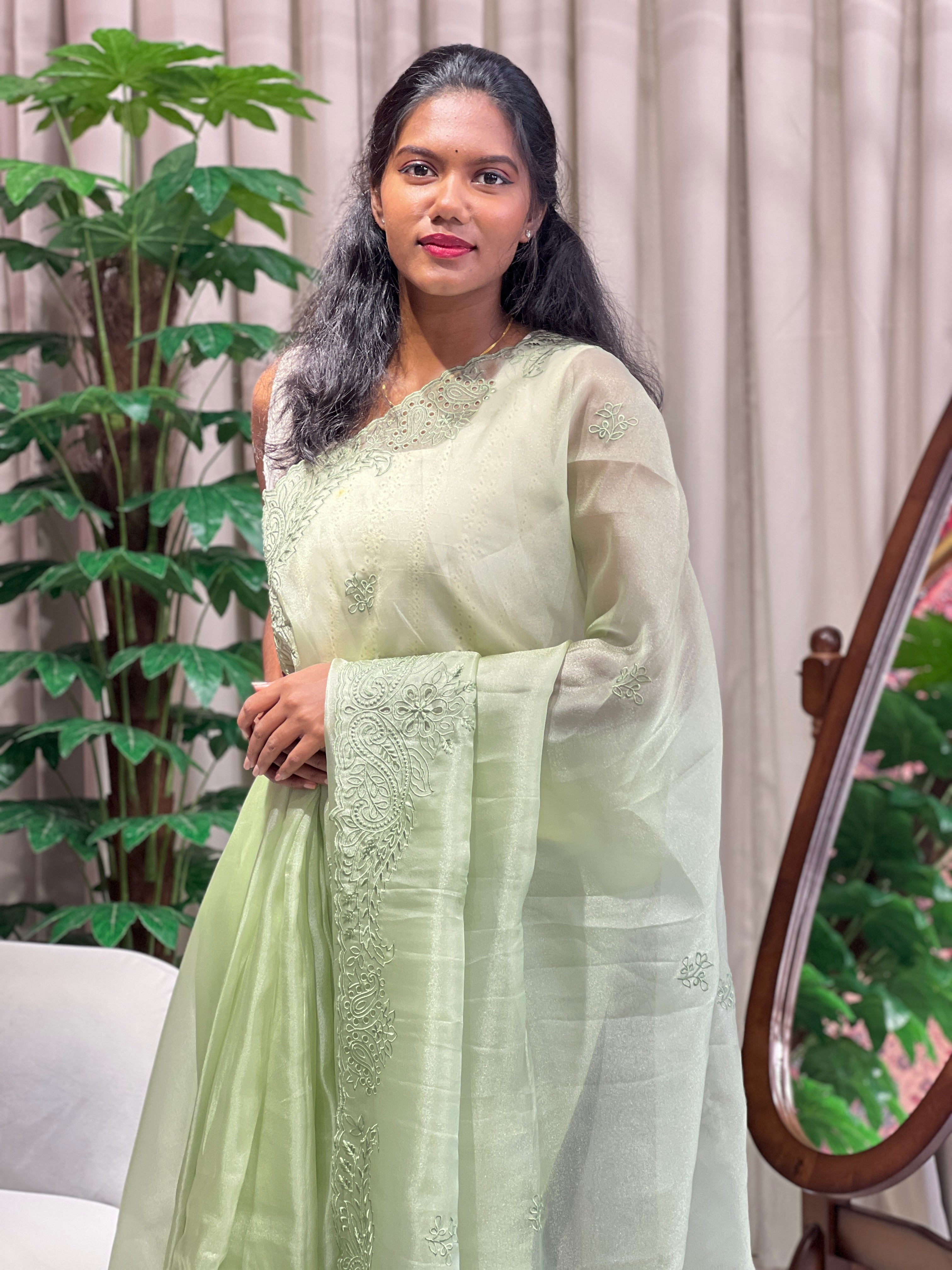 Floral Machine Embroidery Shimmer Organza Saree | BLD2066