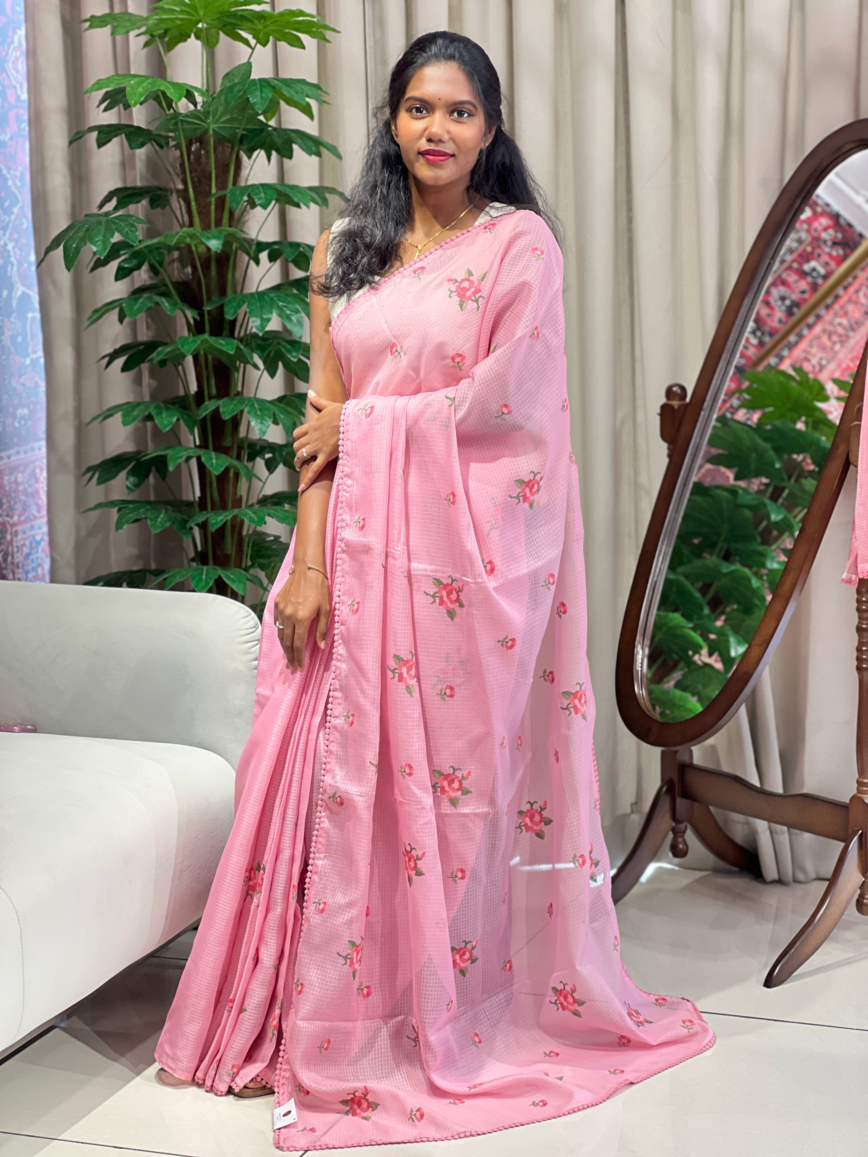 Floral Cross Stitch Embroidery Detailed Kota Saree | BLD2022