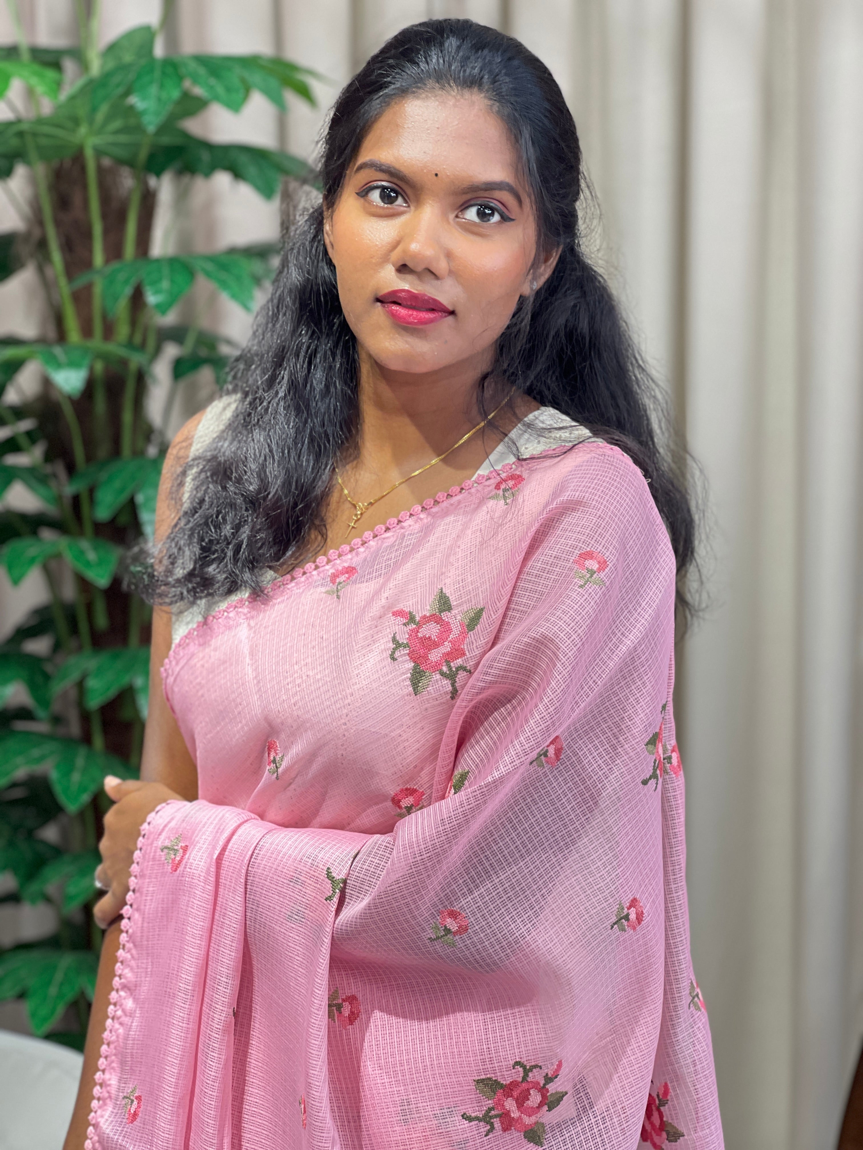 Floral Cross Stitch Embroidery Detailed Kota Saree | BLD2022