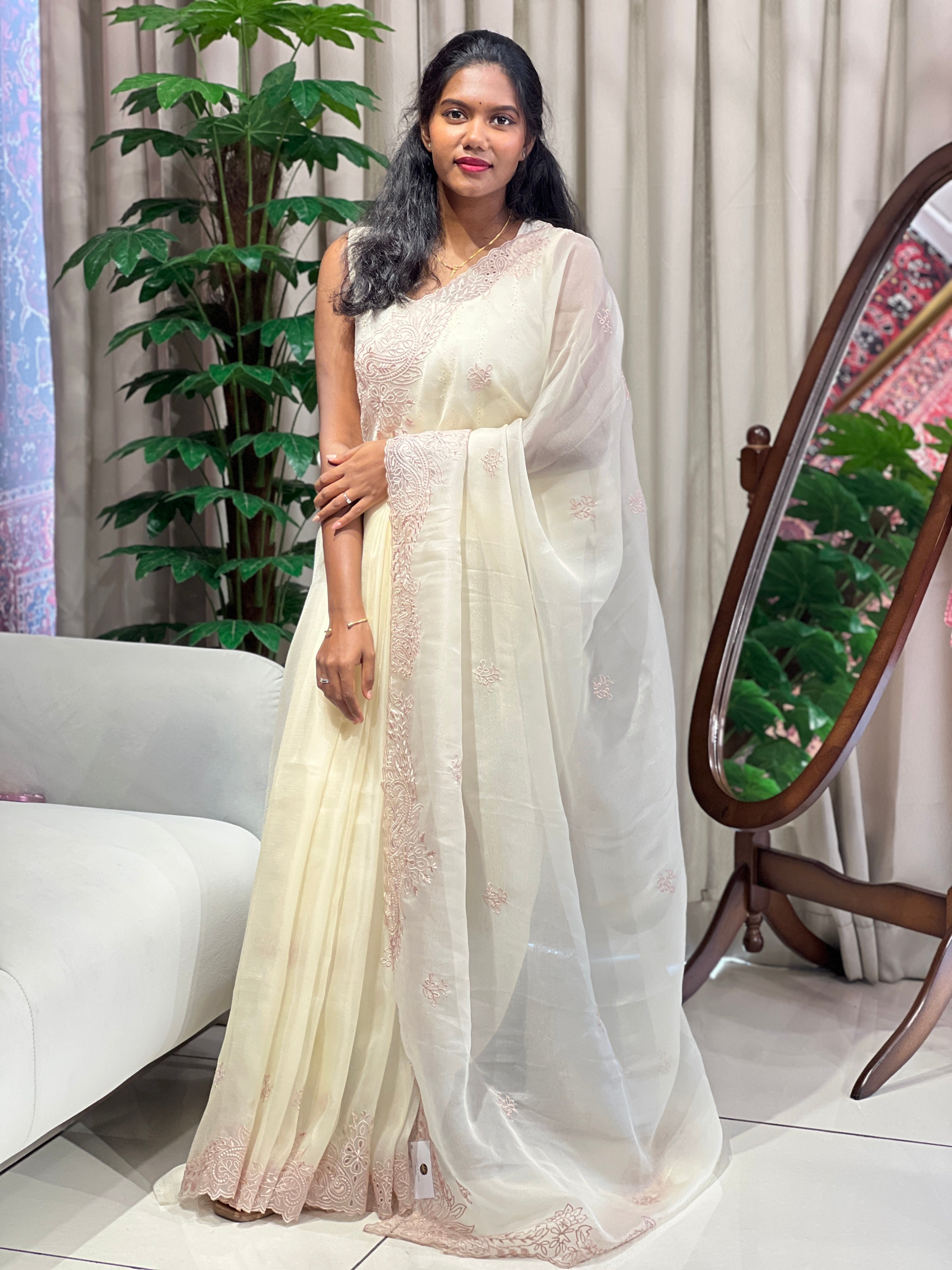 Floral Machine Embroidery Shimmer Organza Saree | BLD2070