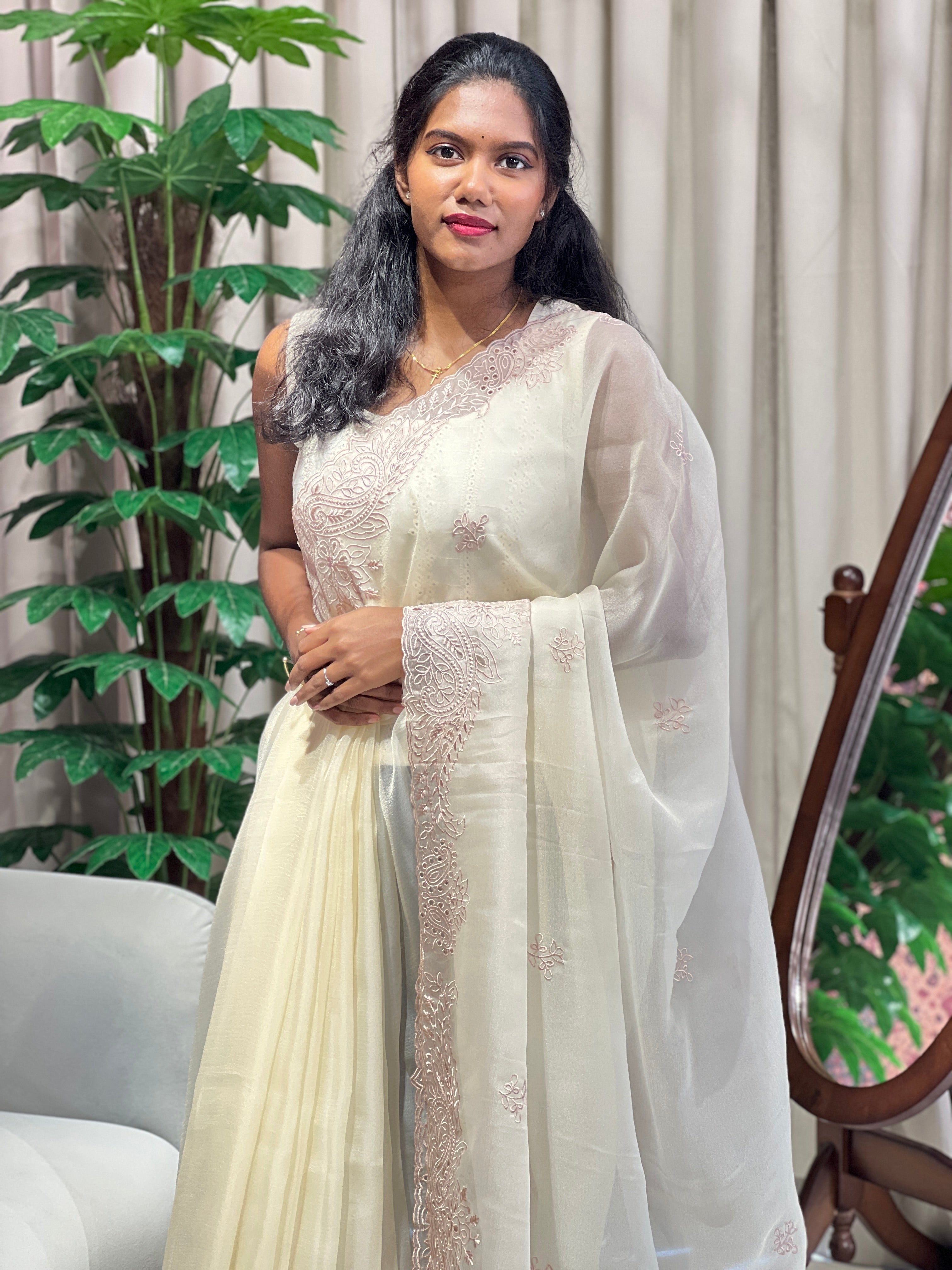 Floral Machine Embroidery Shimmer Organza Saree | BLD2070