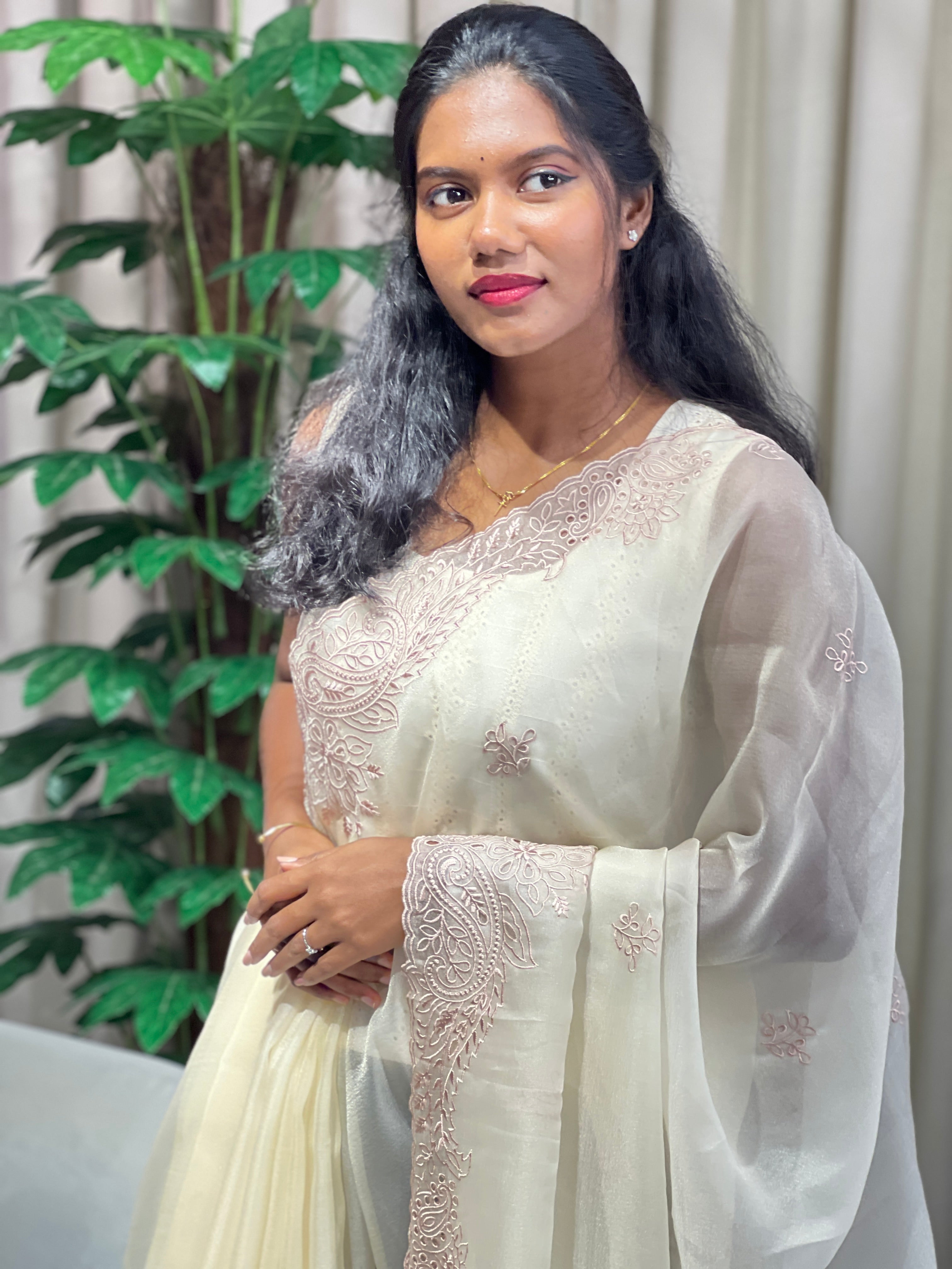 Floral Machine Embroidery Shimmer Organza Saree | BLD2070