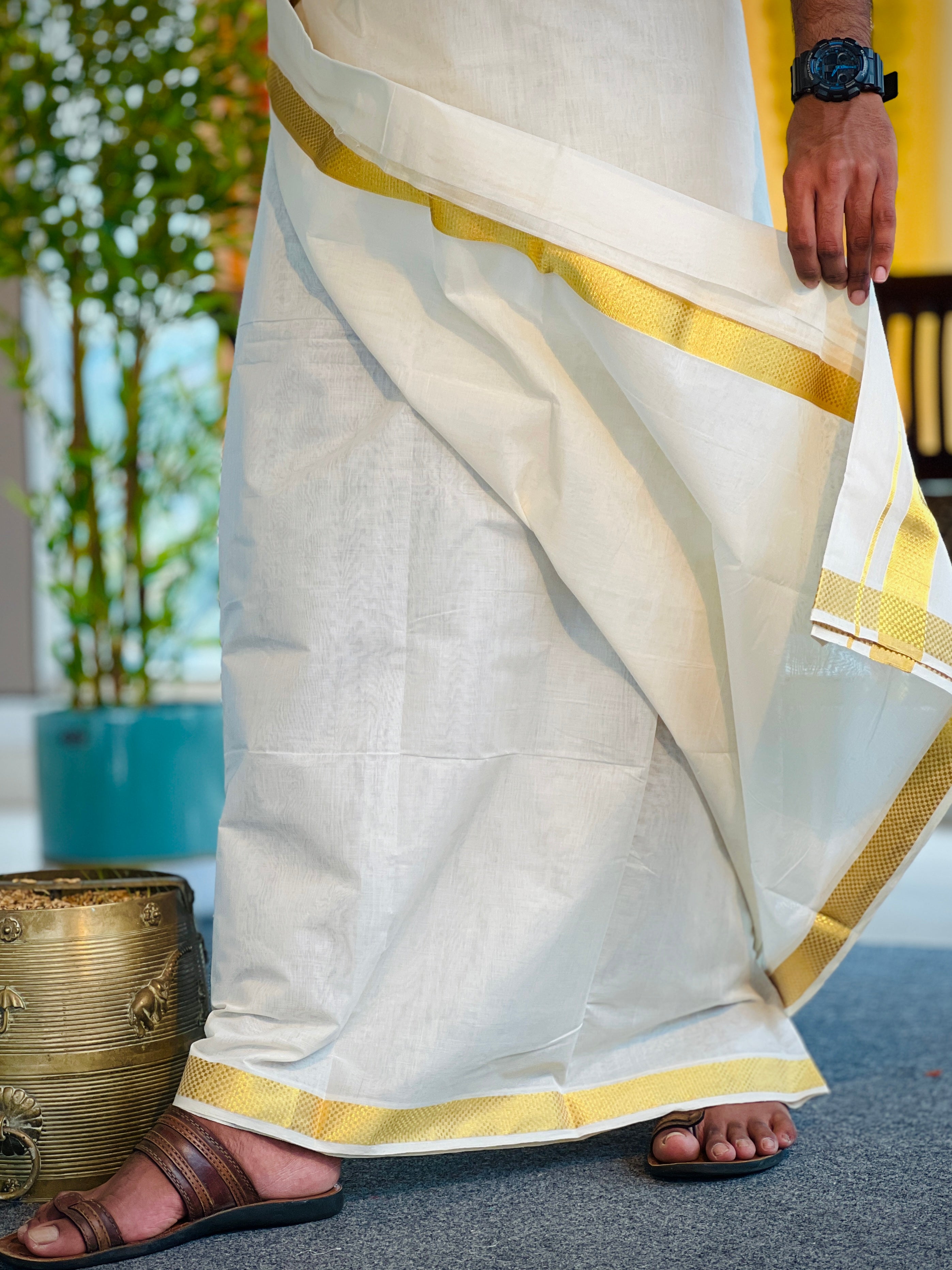 Golden Kasavu Border Detailed Handloom Kerala Cotton Mundu | KL320