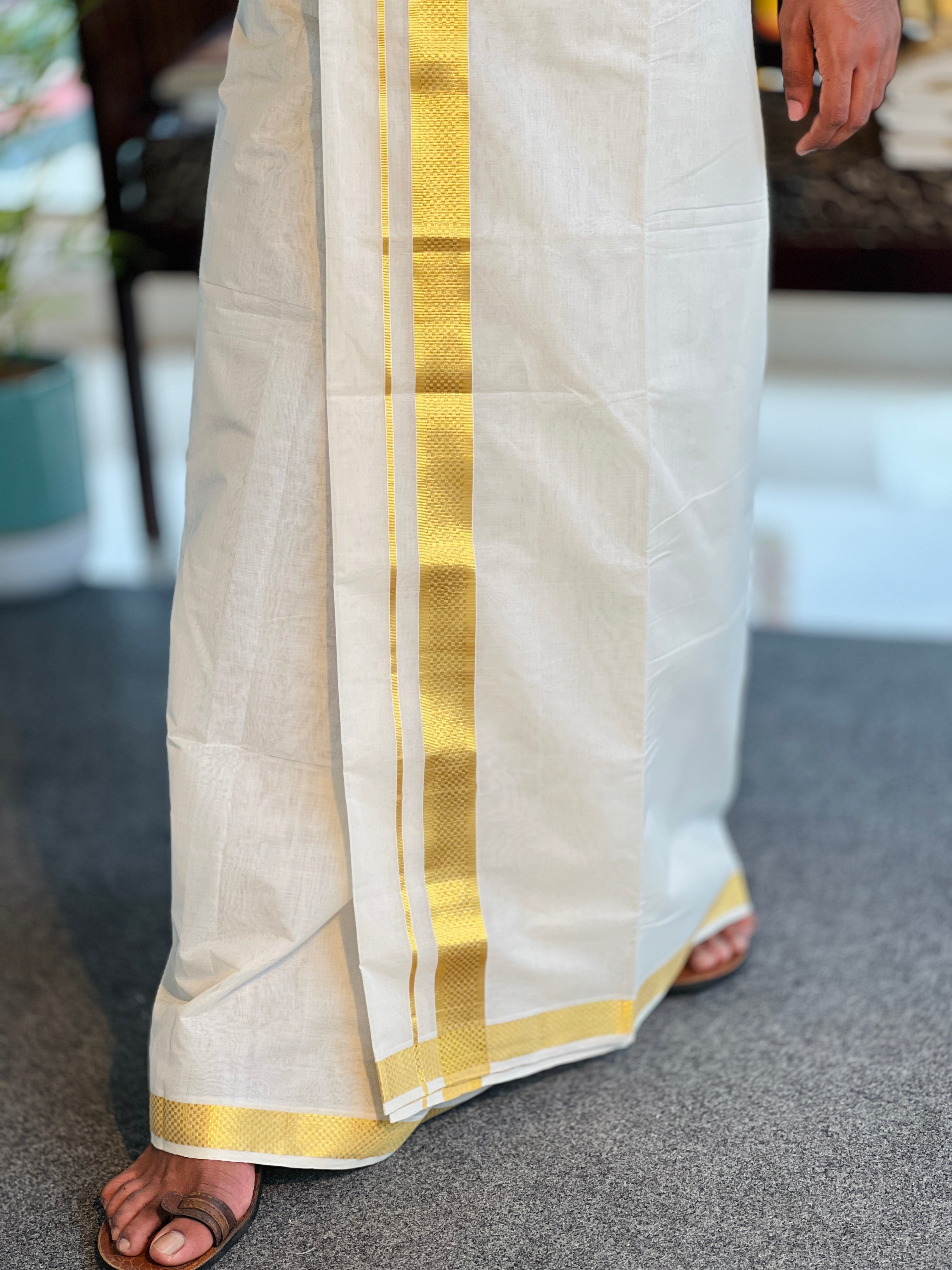 Golden Kasavu Border Detailed Handloom Kerala Cotton Mundu | KL320