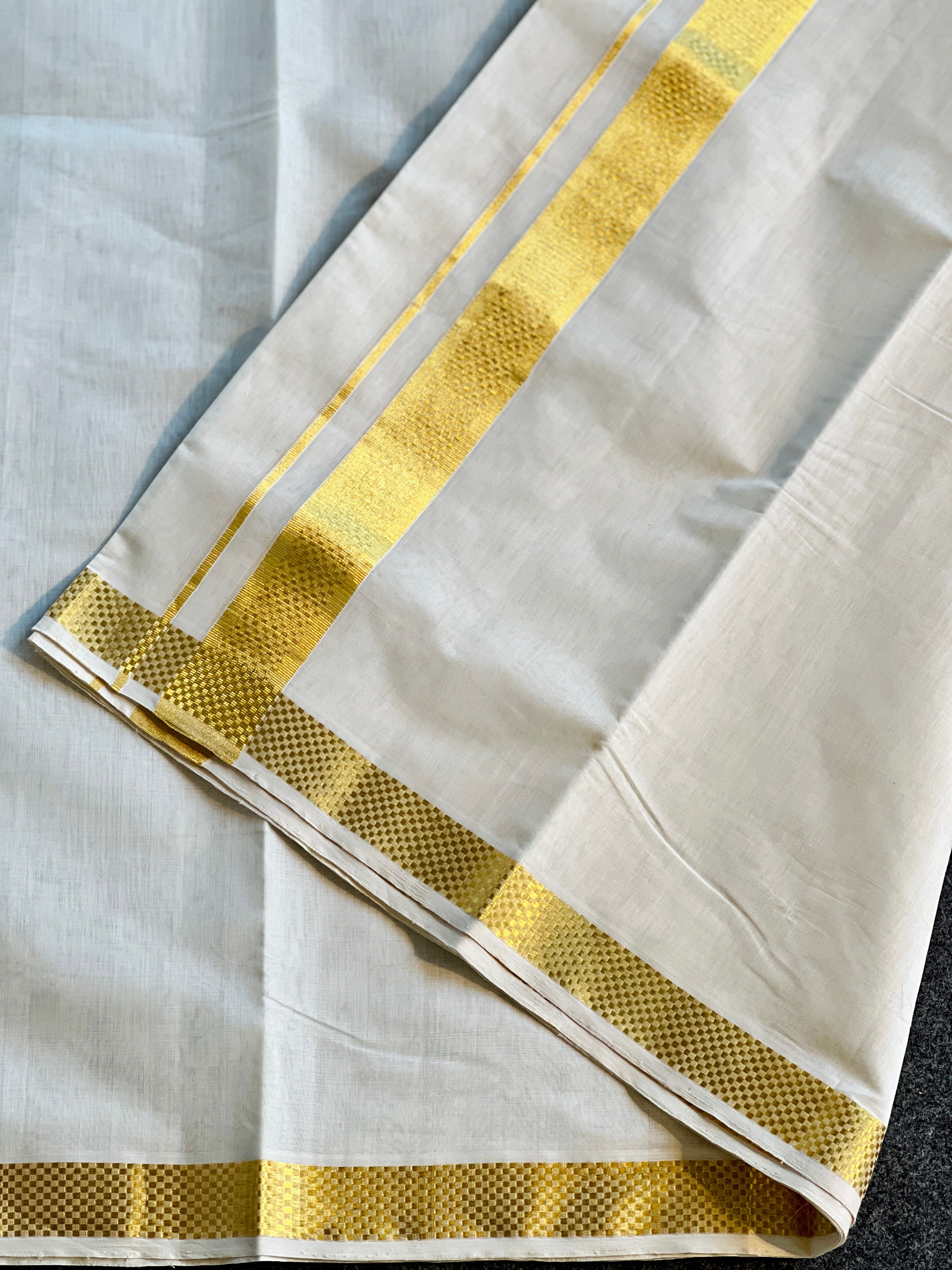 Golden Kasavu Border Detailed Handloom Kerala Cotton Mundu | KL320