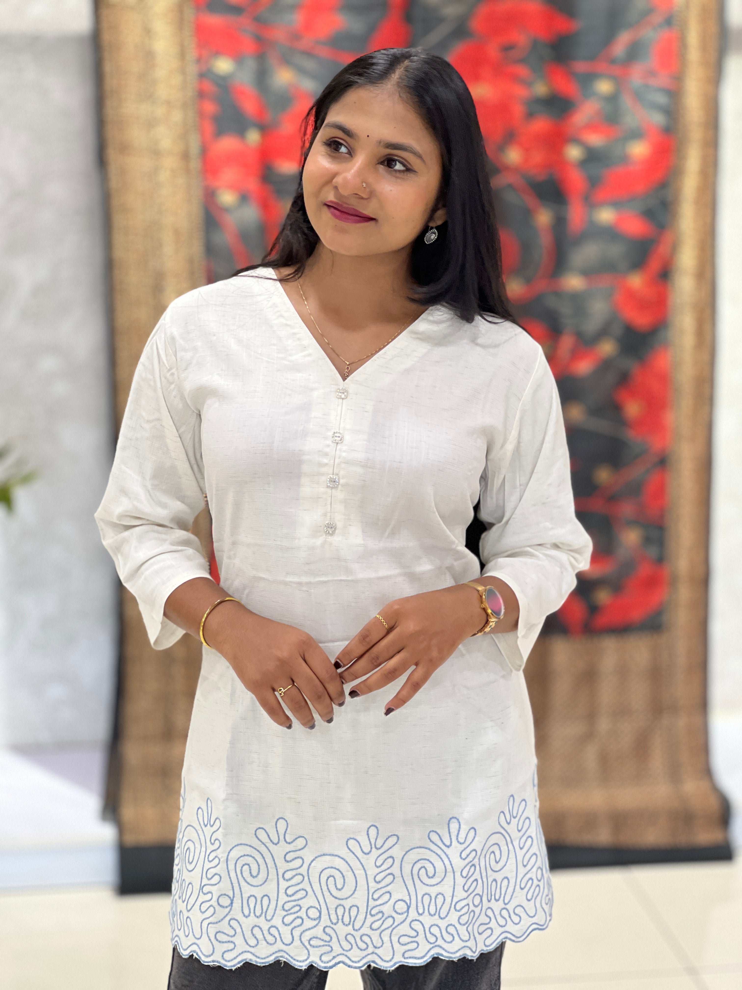 Chain Stitch Pattern Viscose Short Kurta | PGI223