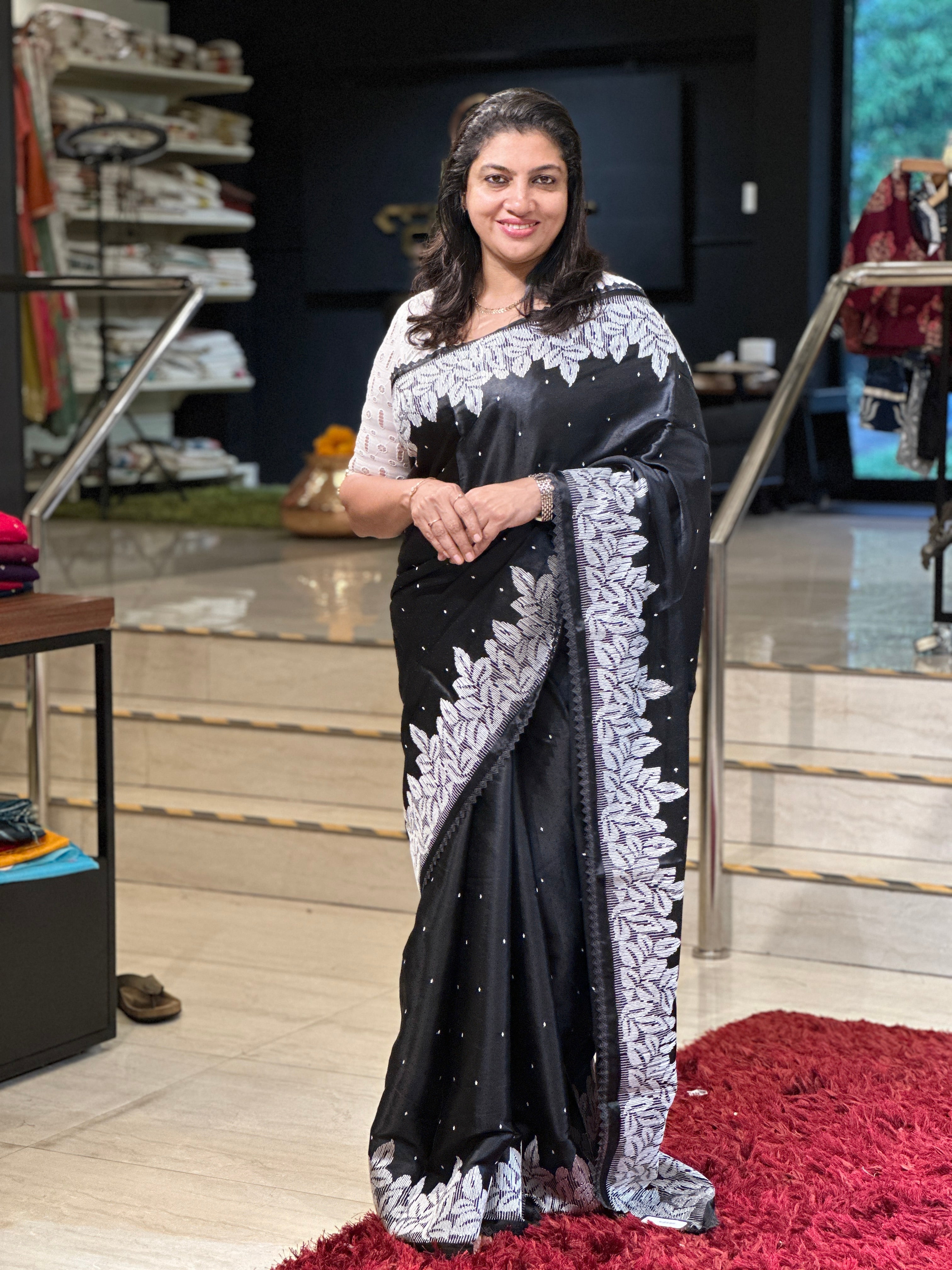 Machine Embroidery Detailed Dola Silk Saree | SUN526