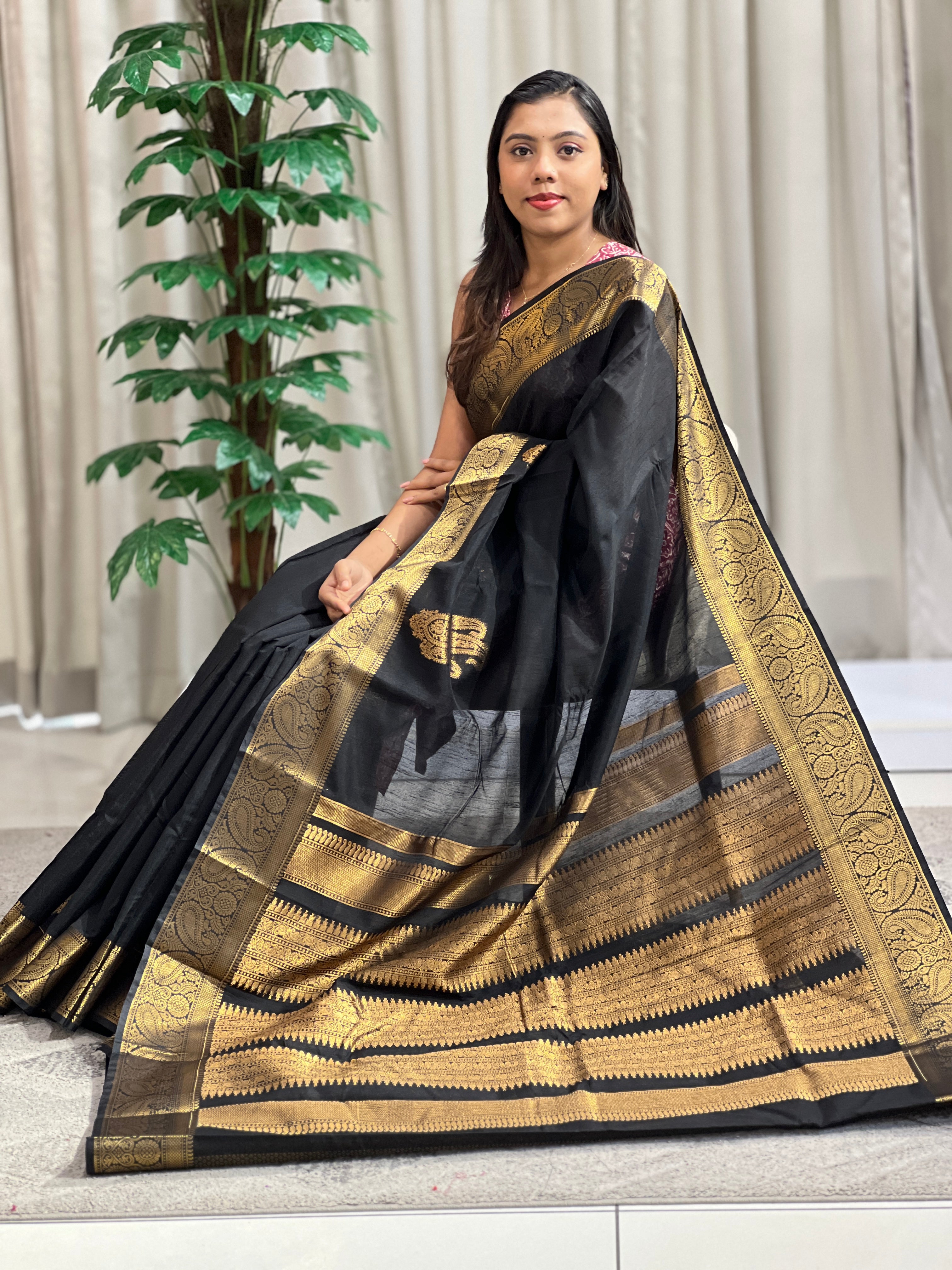 Traditional Three-Paisley Design Raw Silk Power Loom Saree | RVS165