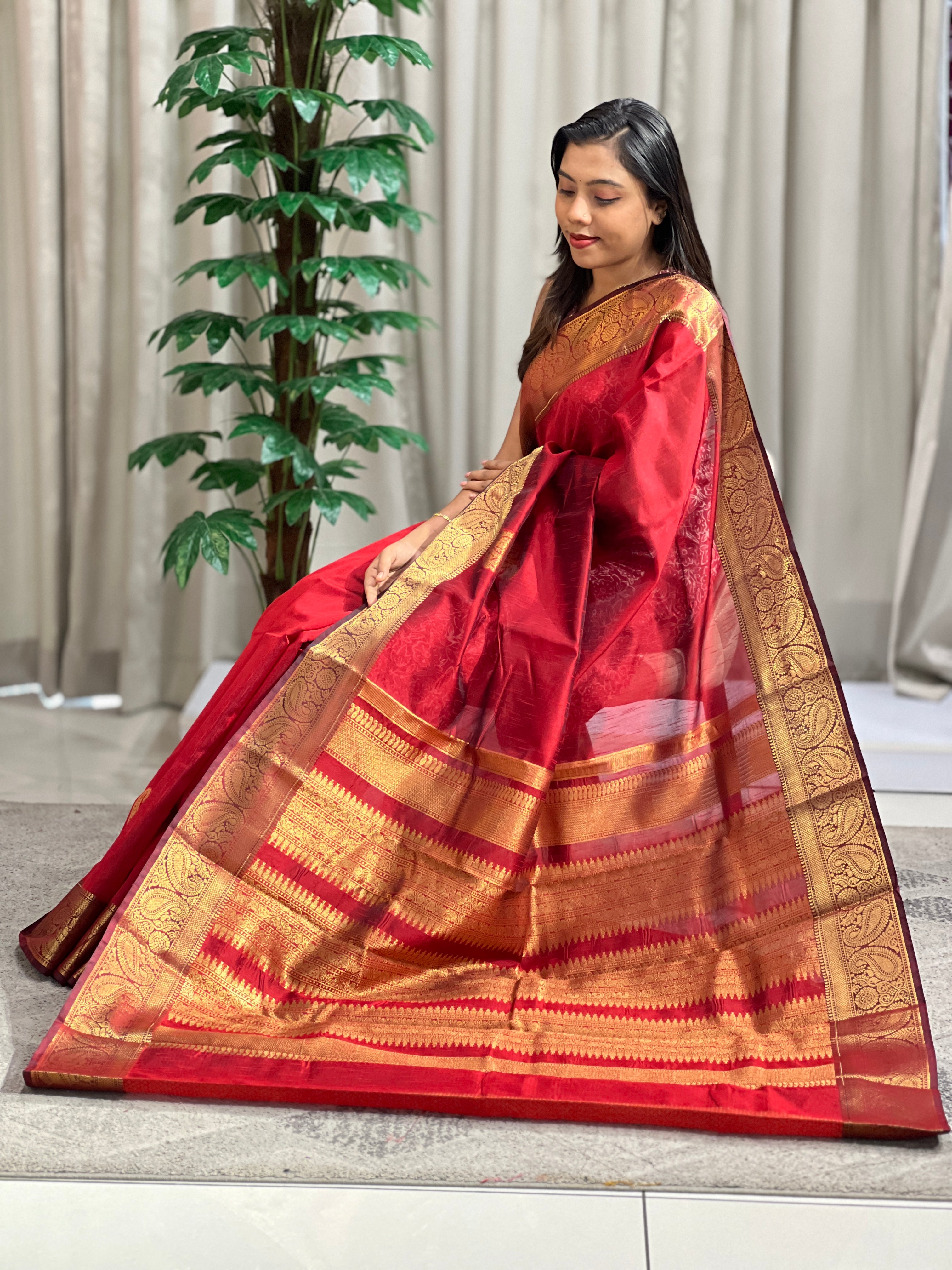 Traditional Three-Paisley Design Raw Silk Power Loom Saree | RVS164