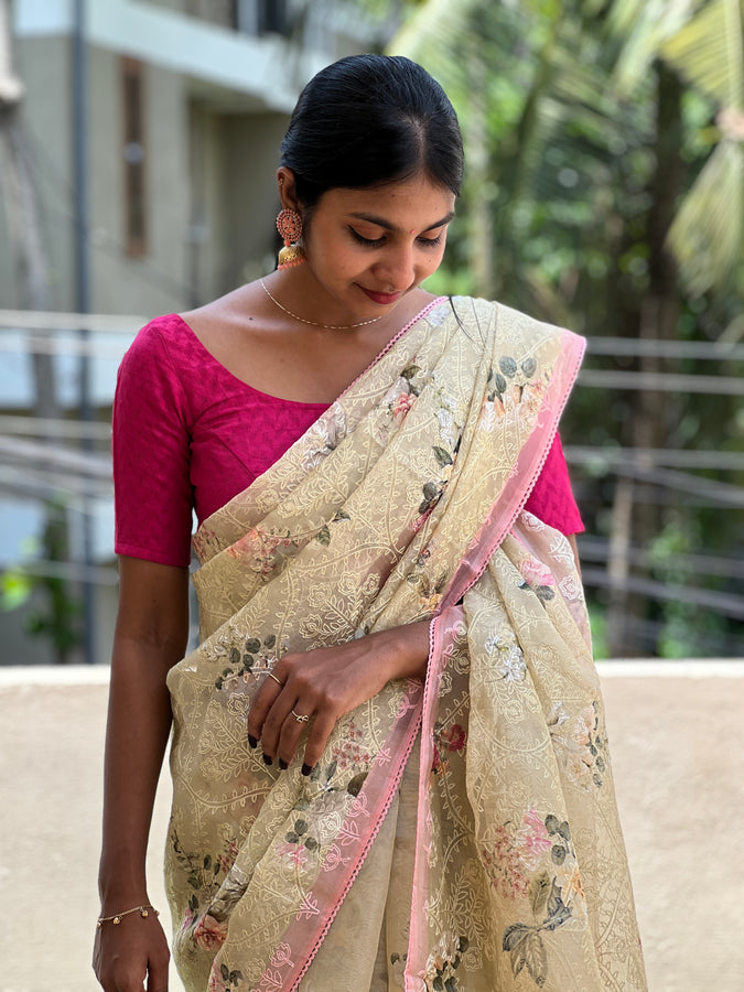 Floral Printed Embroidery Organza Saree | SMC134