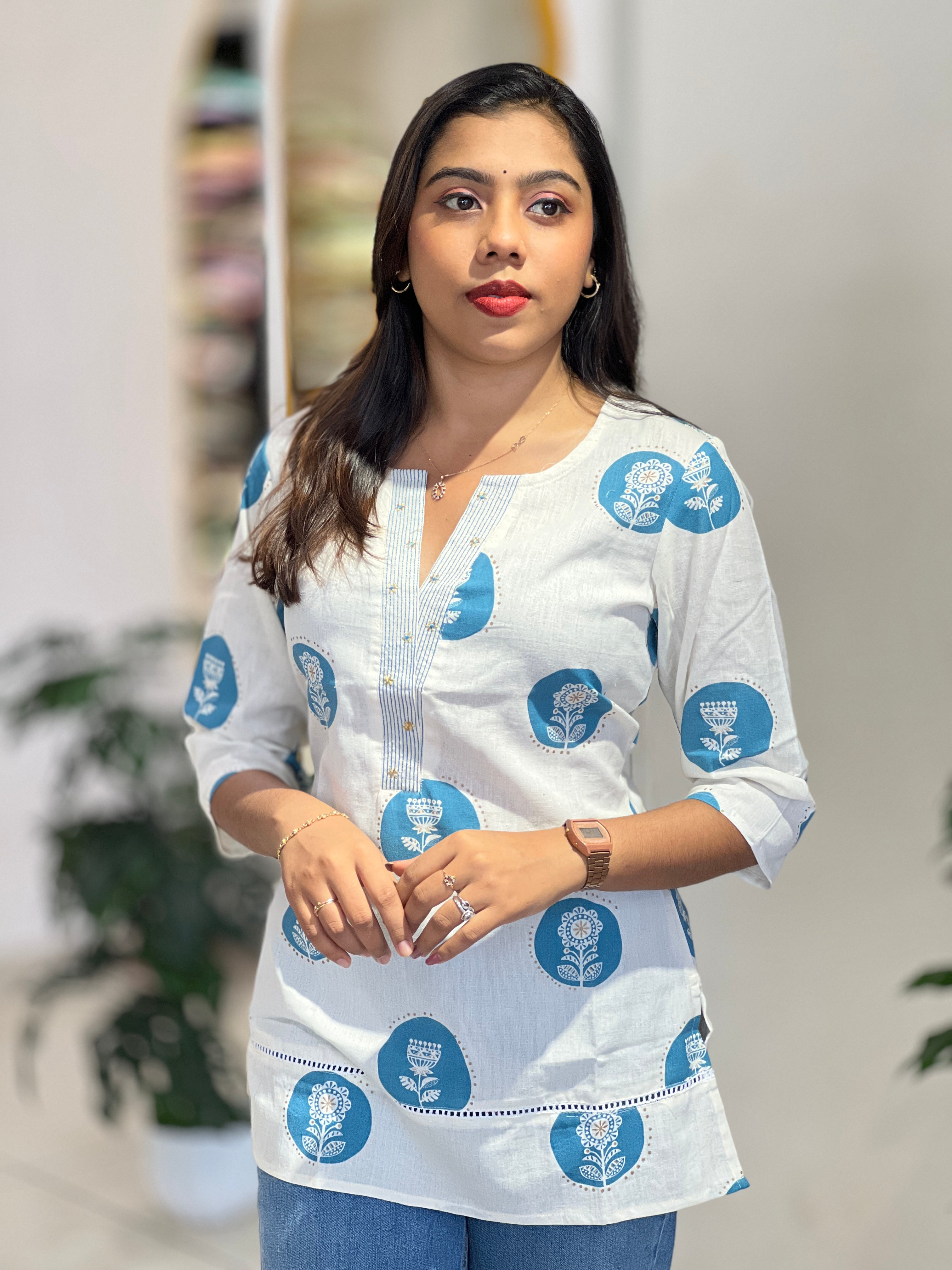 Floral Print Detailed Cotton Short Kurta | NCF332