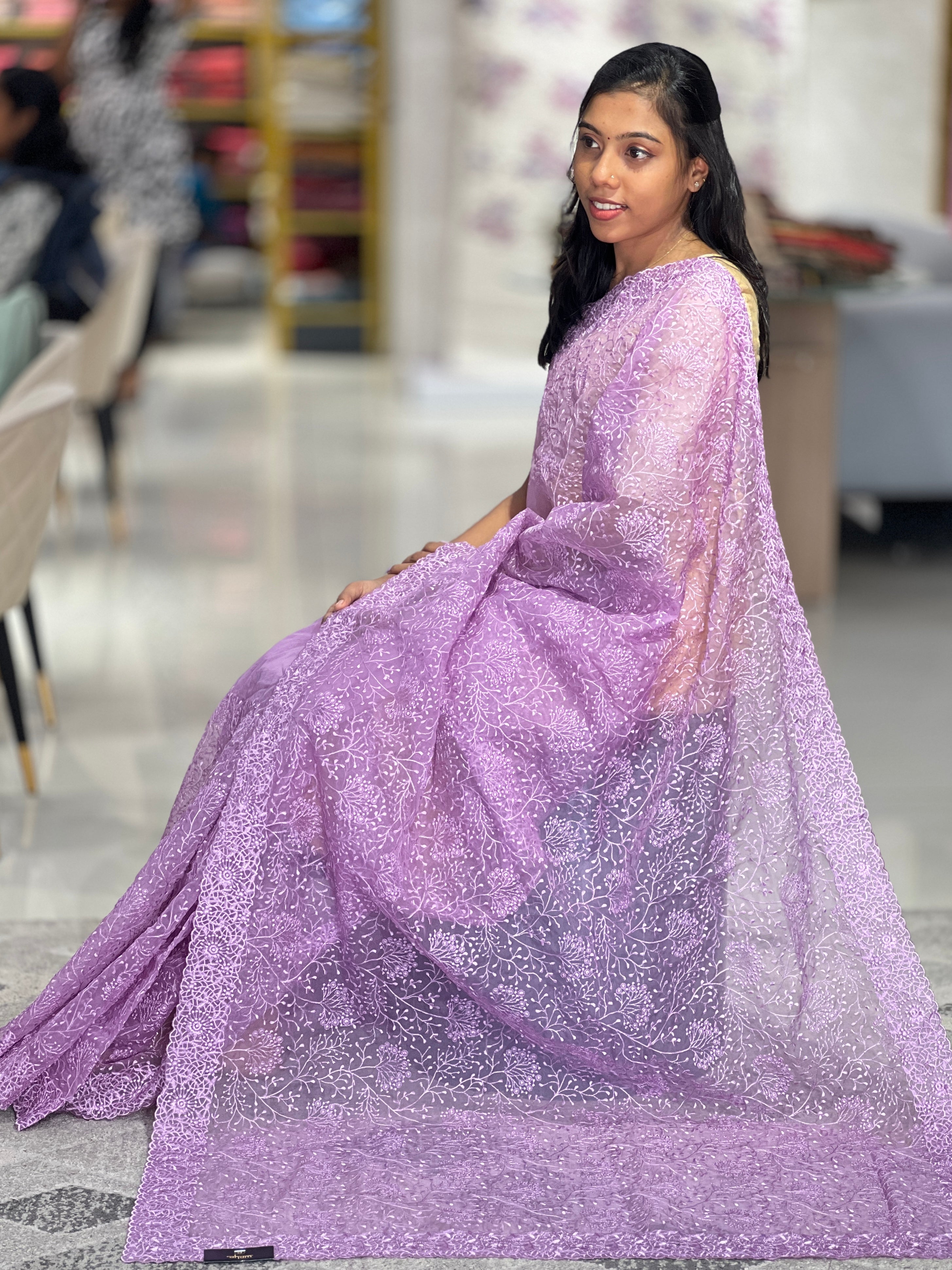 Floral Jaal Embroidered  Design Organza Saree | SBP757