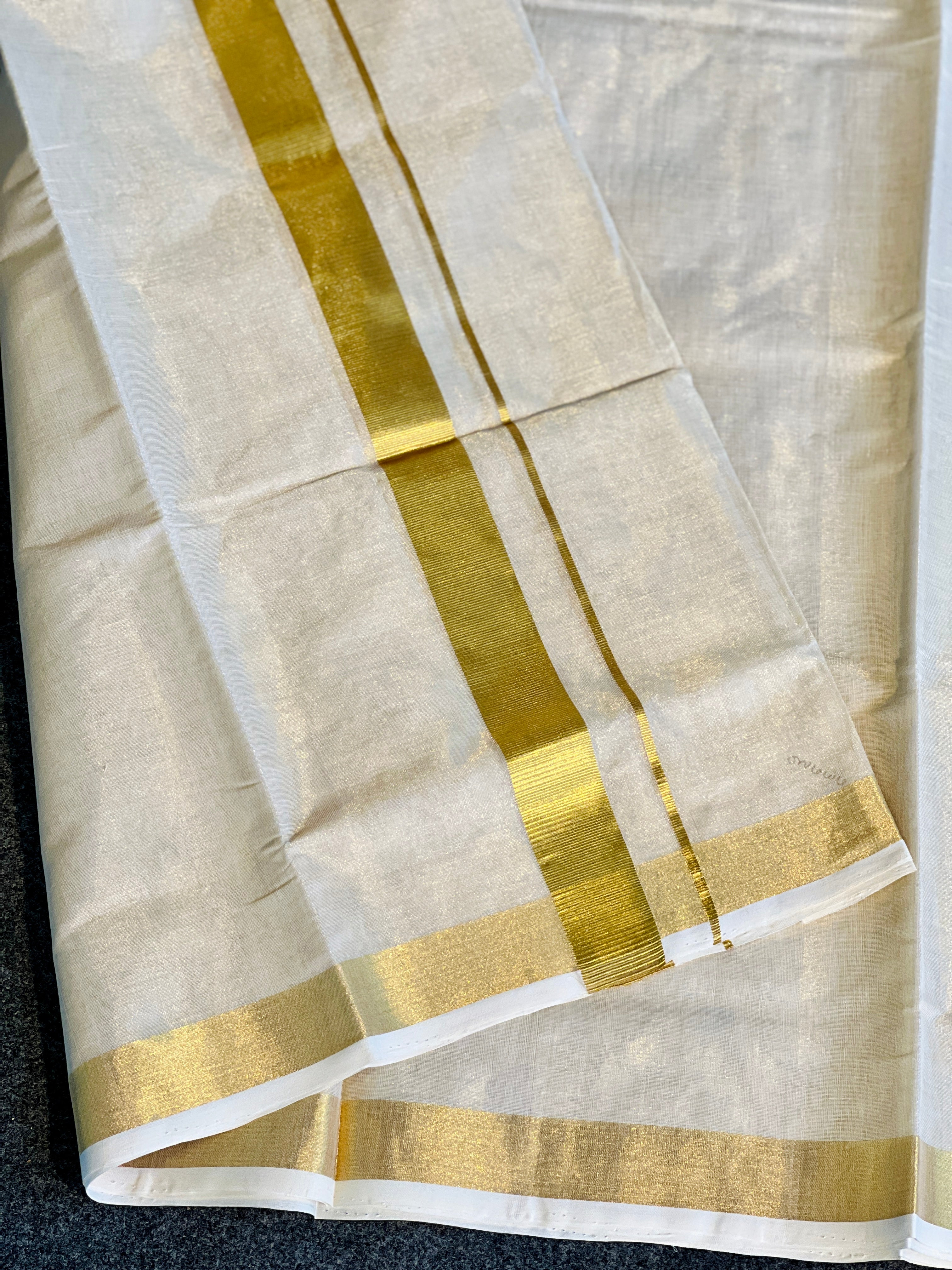 Golden Kasavu Border Detailed Handloom Kerala Cotton Mundu | KL325