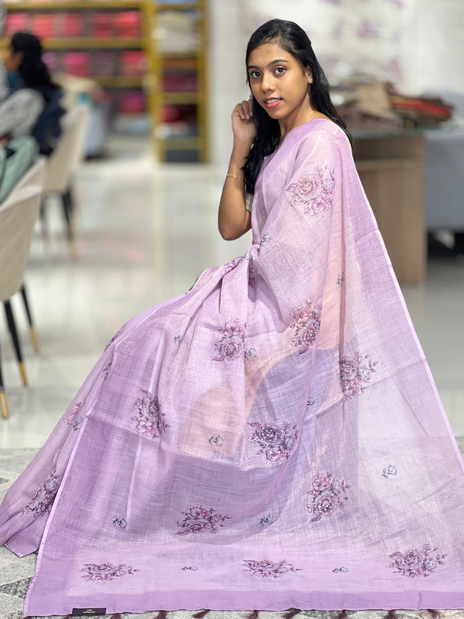Floral Print With Embroidery Highlighted Tissue Linen Saree | SBP760