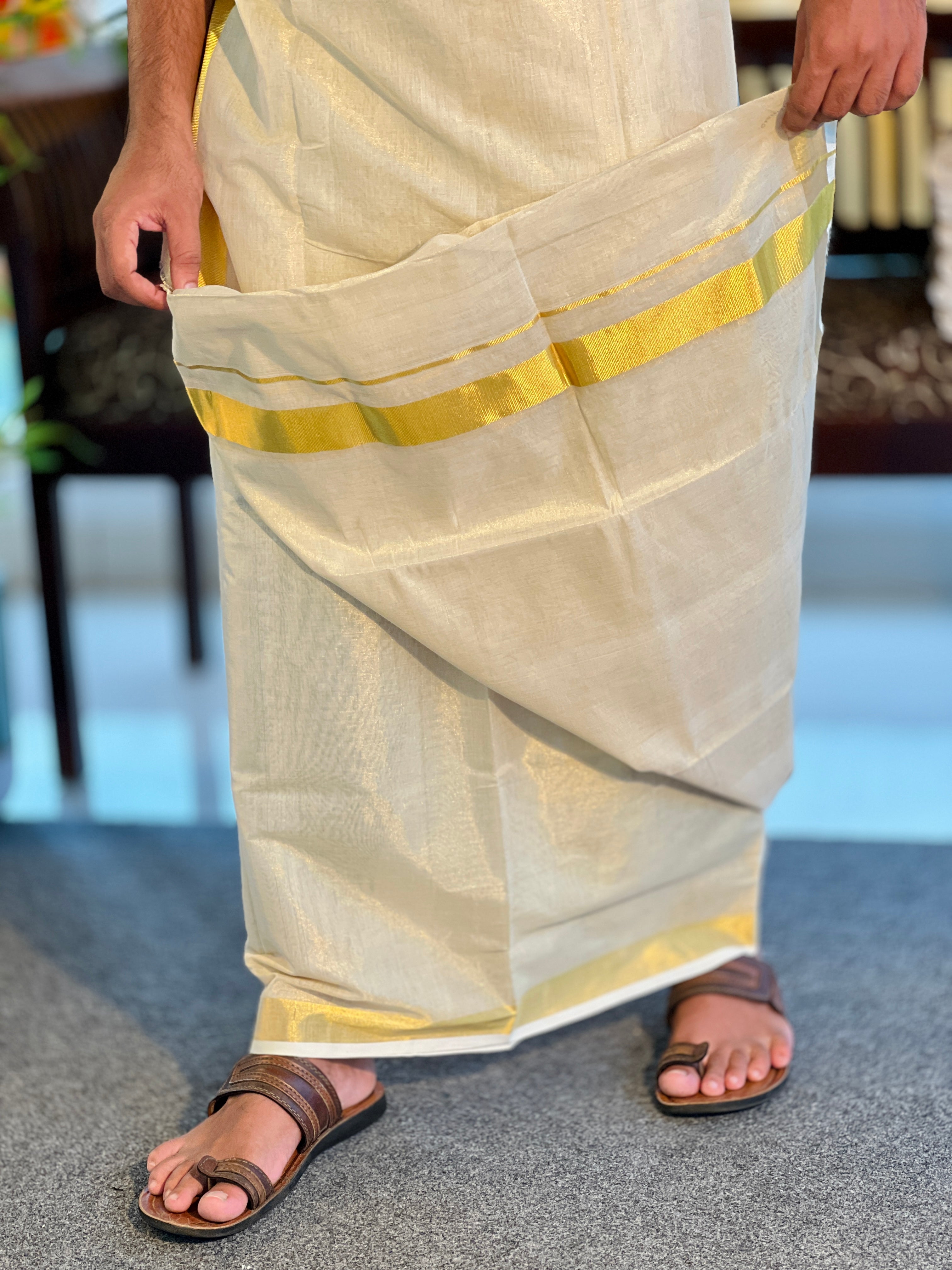 Golden Kasavu Border Detailed Handloom Kerala Cotton Mundu | KL325