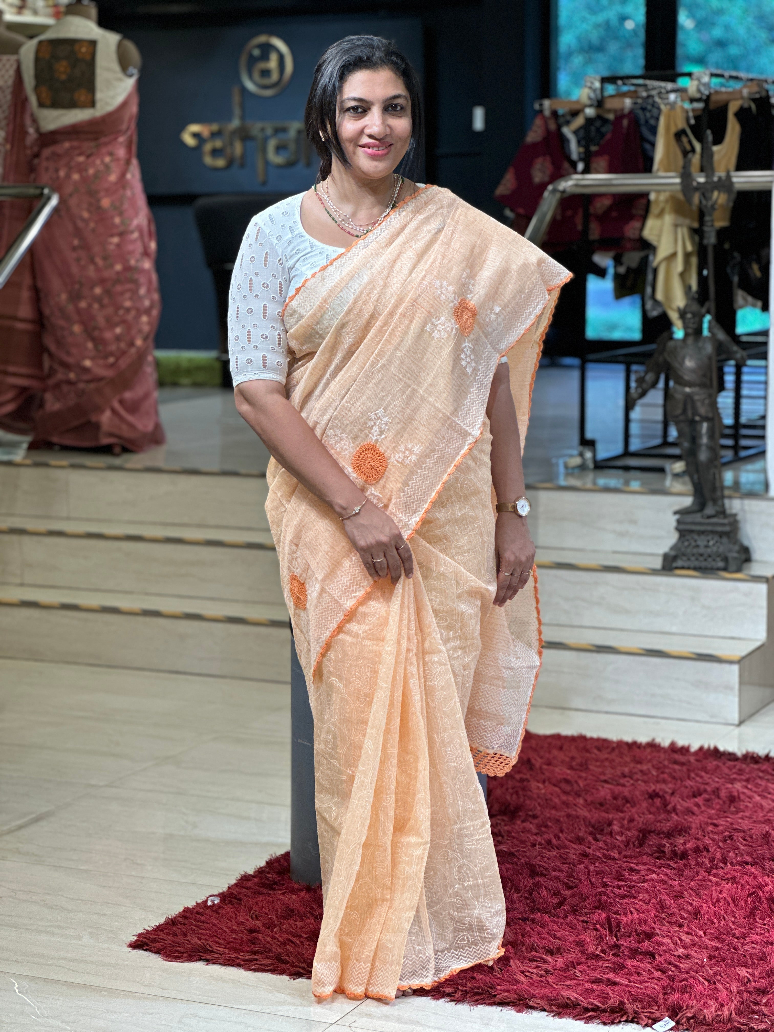 Block Print Detailed Super Net Kota Saree | JSC178