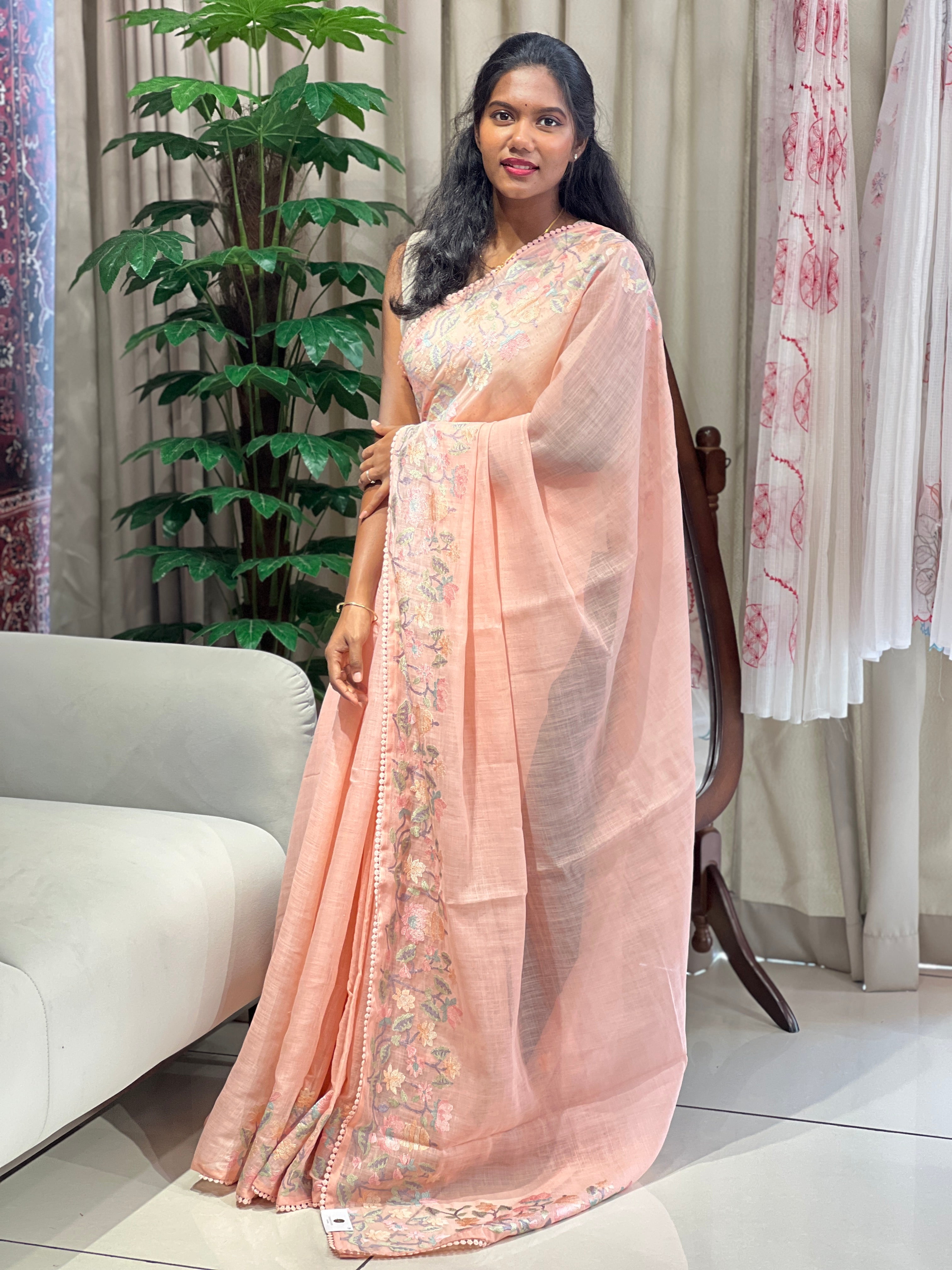 Floral Embroidery Detailed Linen-Cotton Saree | BLD1947