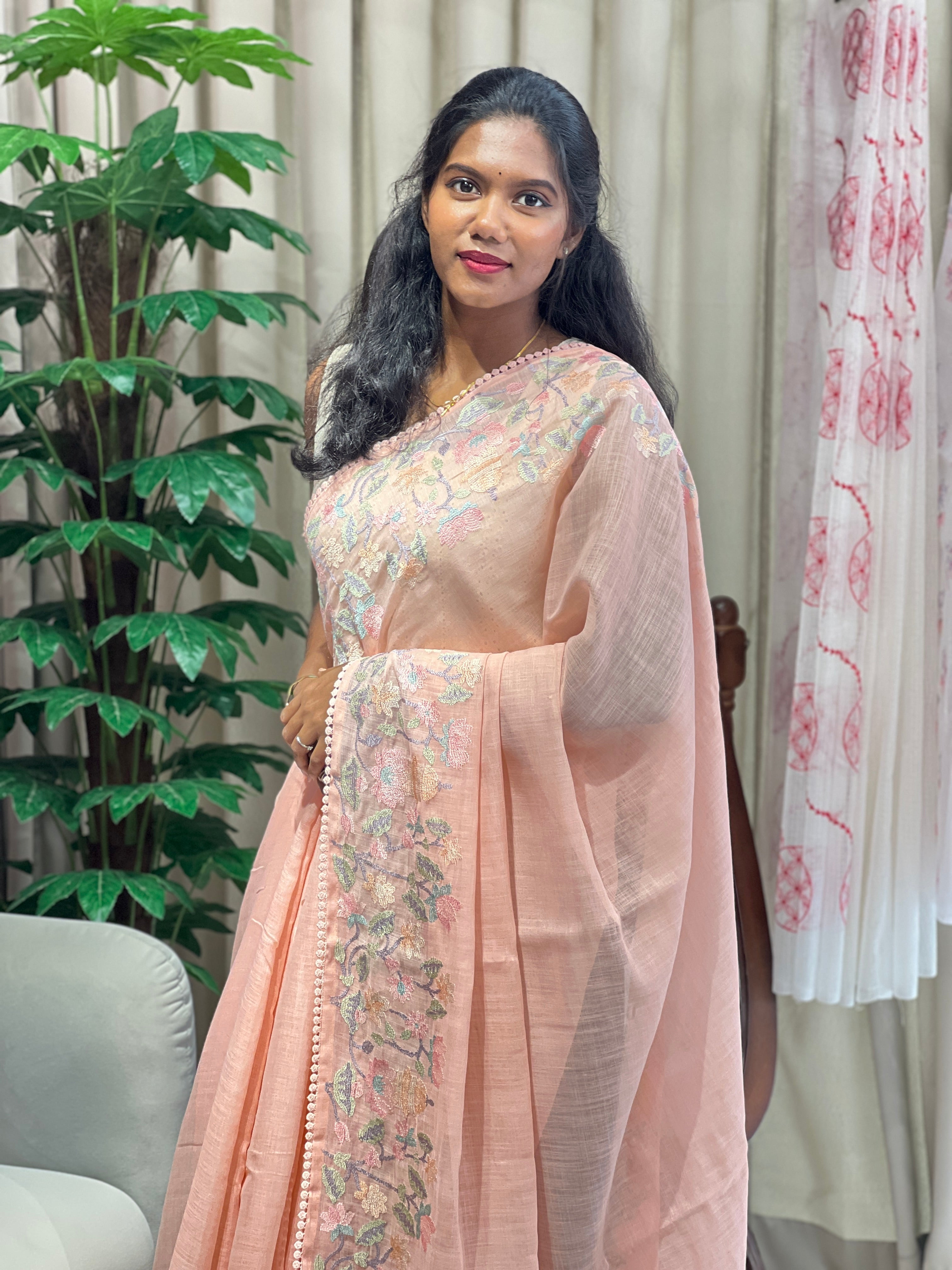 Floral Embroidery Detailed Linen-Cotton Saree | BLD1947