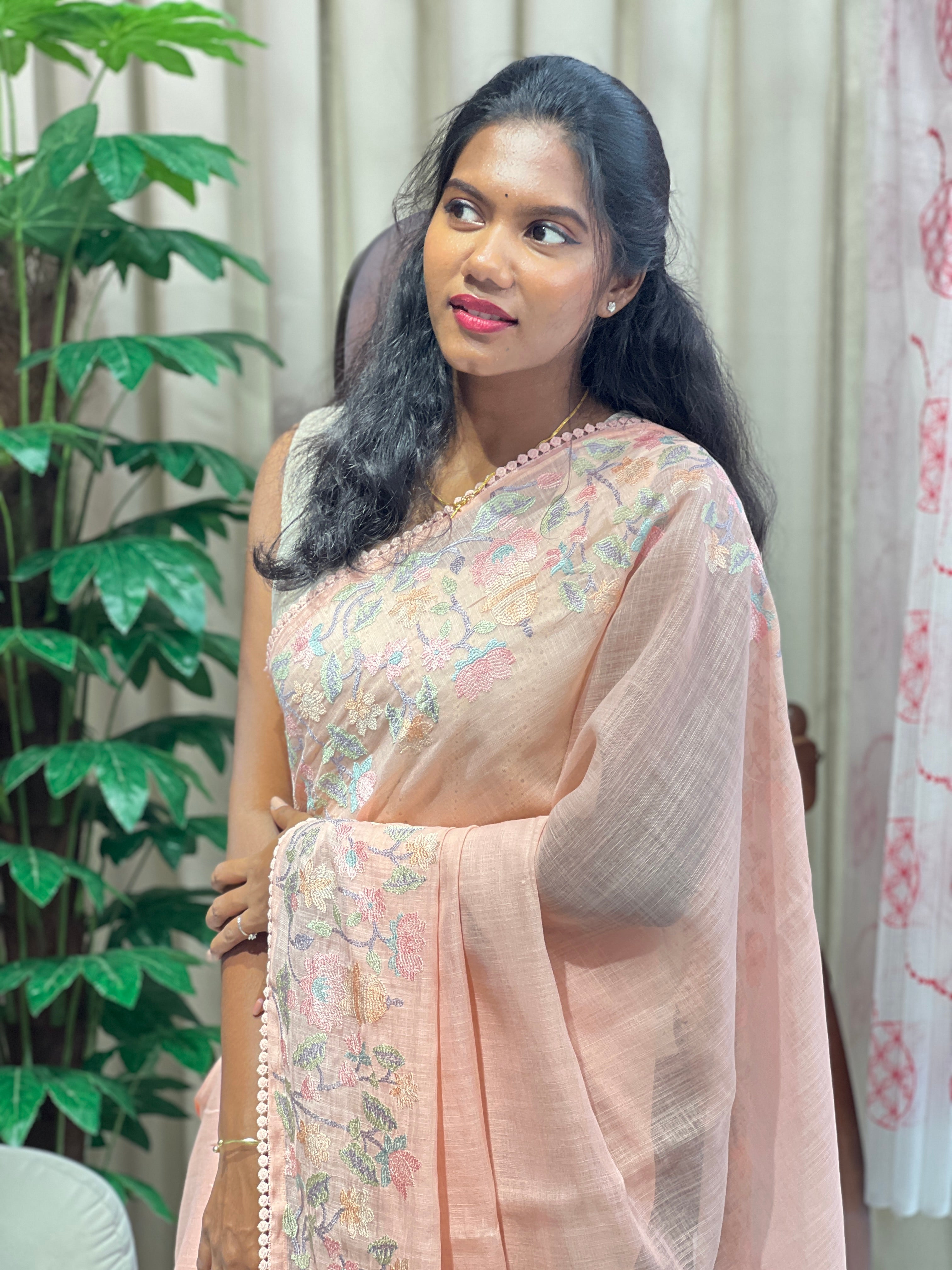 Floral Embroidery Detailed Linen-Cotton Saree | BLD1947