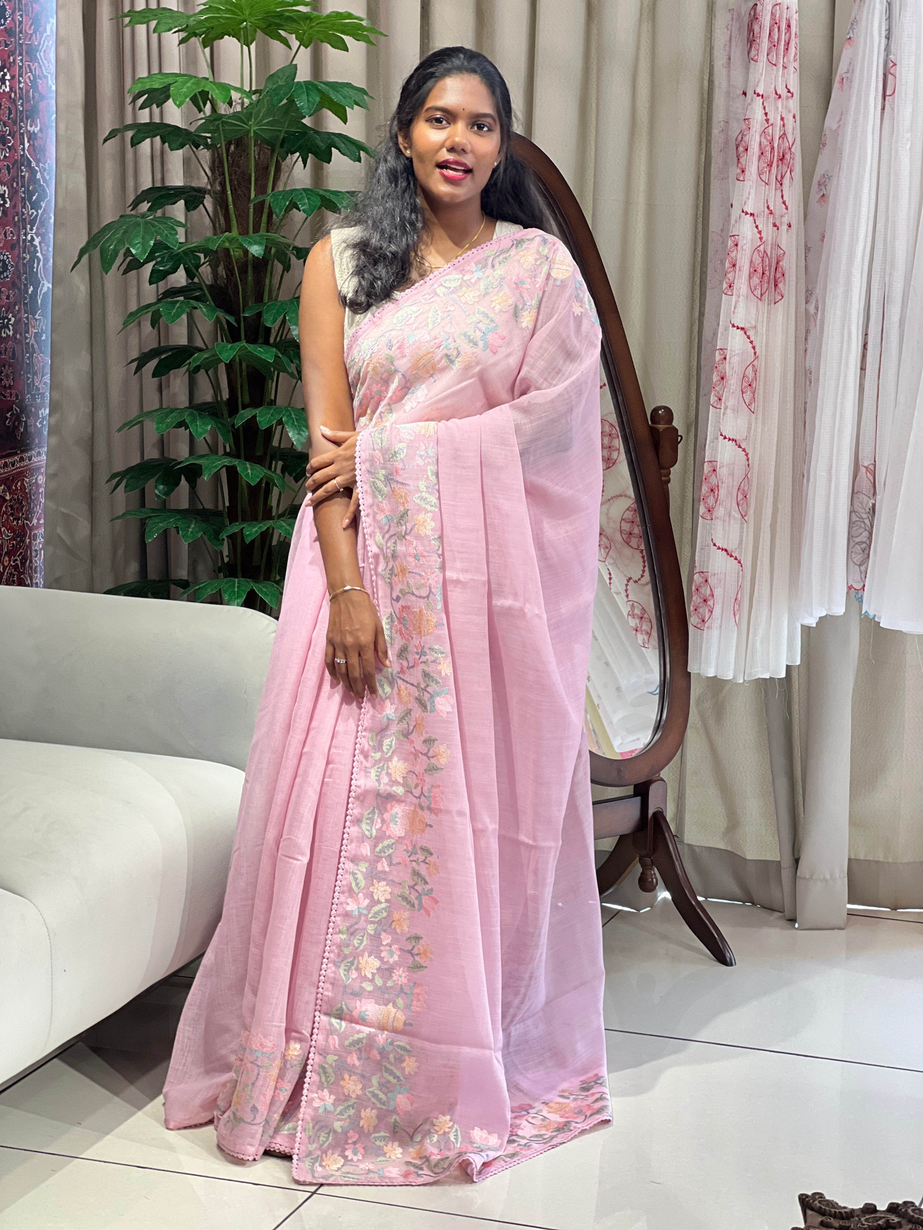 Floral Embroidery Detailed Linen-Cotton Saree | BLD1949