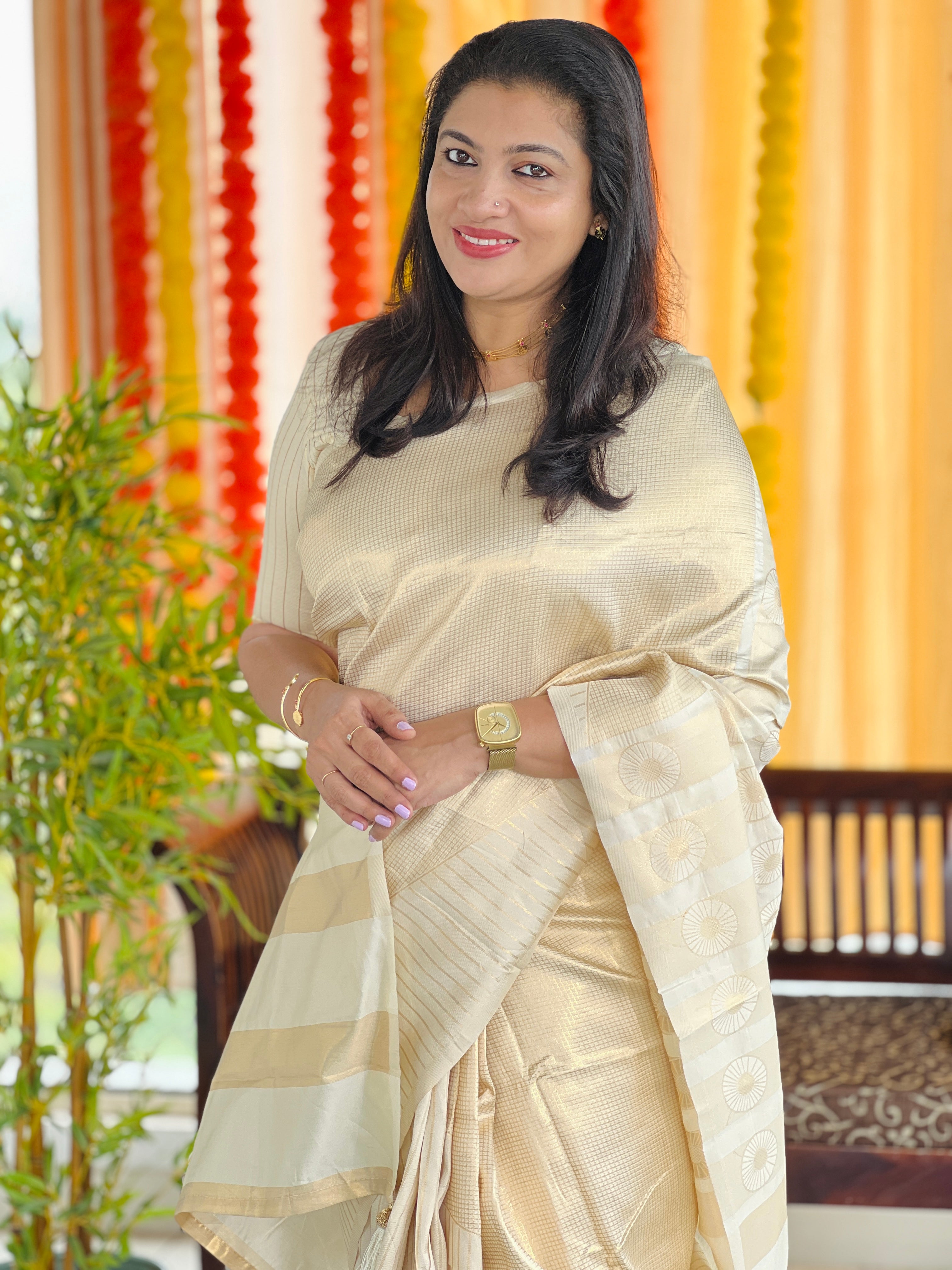 Zari Check Weaving With Stripe Patterned Semi Silk Saree | HT212