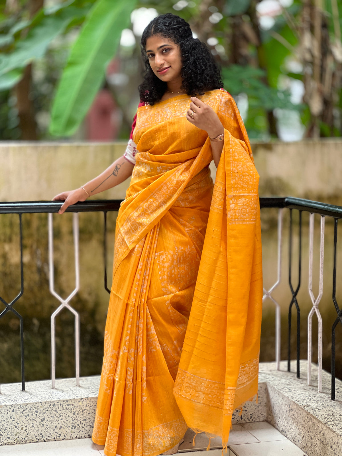 Geometrical Pattern Batik Print Design Bhagalpuri Linen Saree | US161