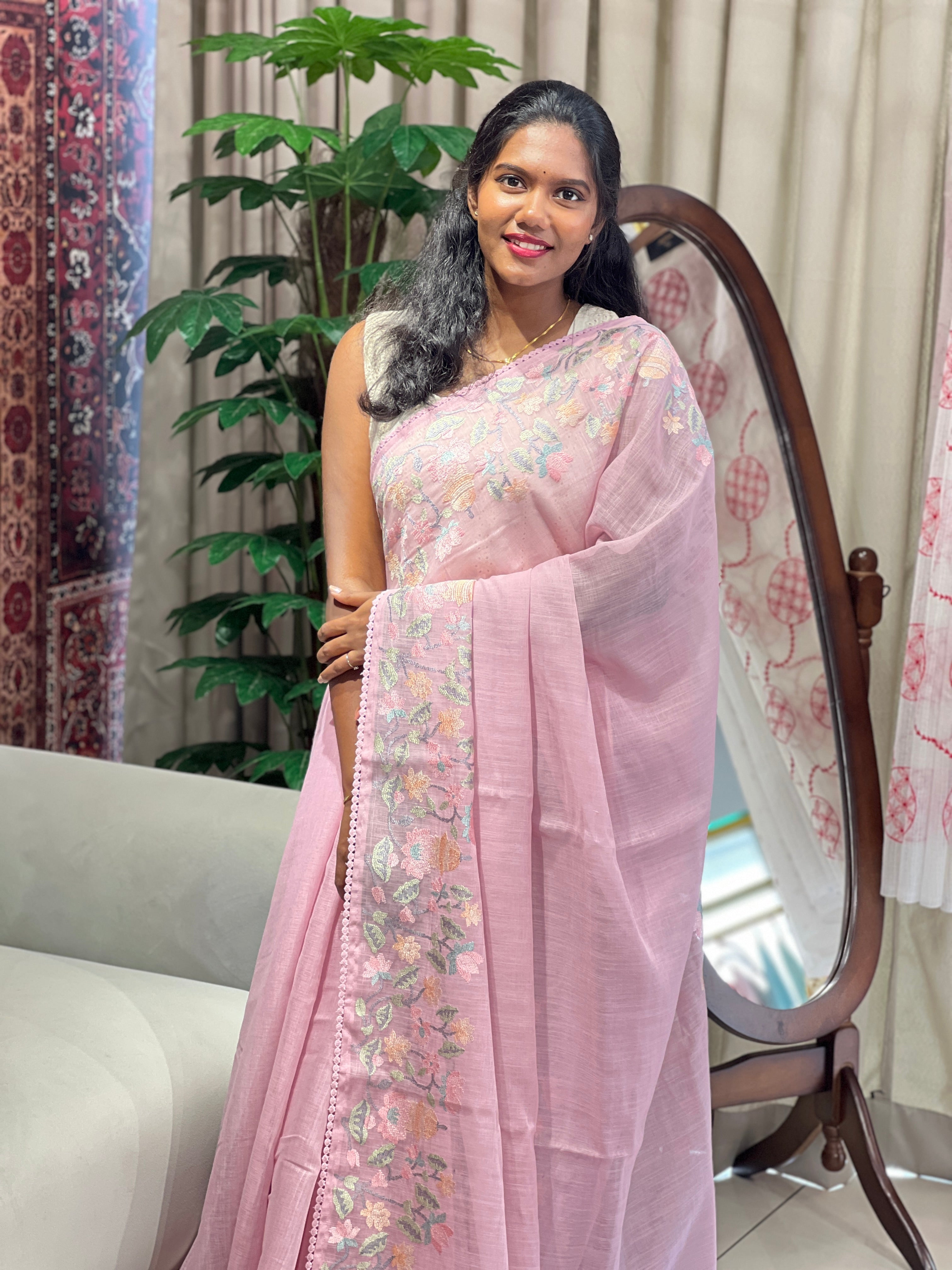 Floral Embroidery Detailed Linen-Cotton Saree | BLD1949