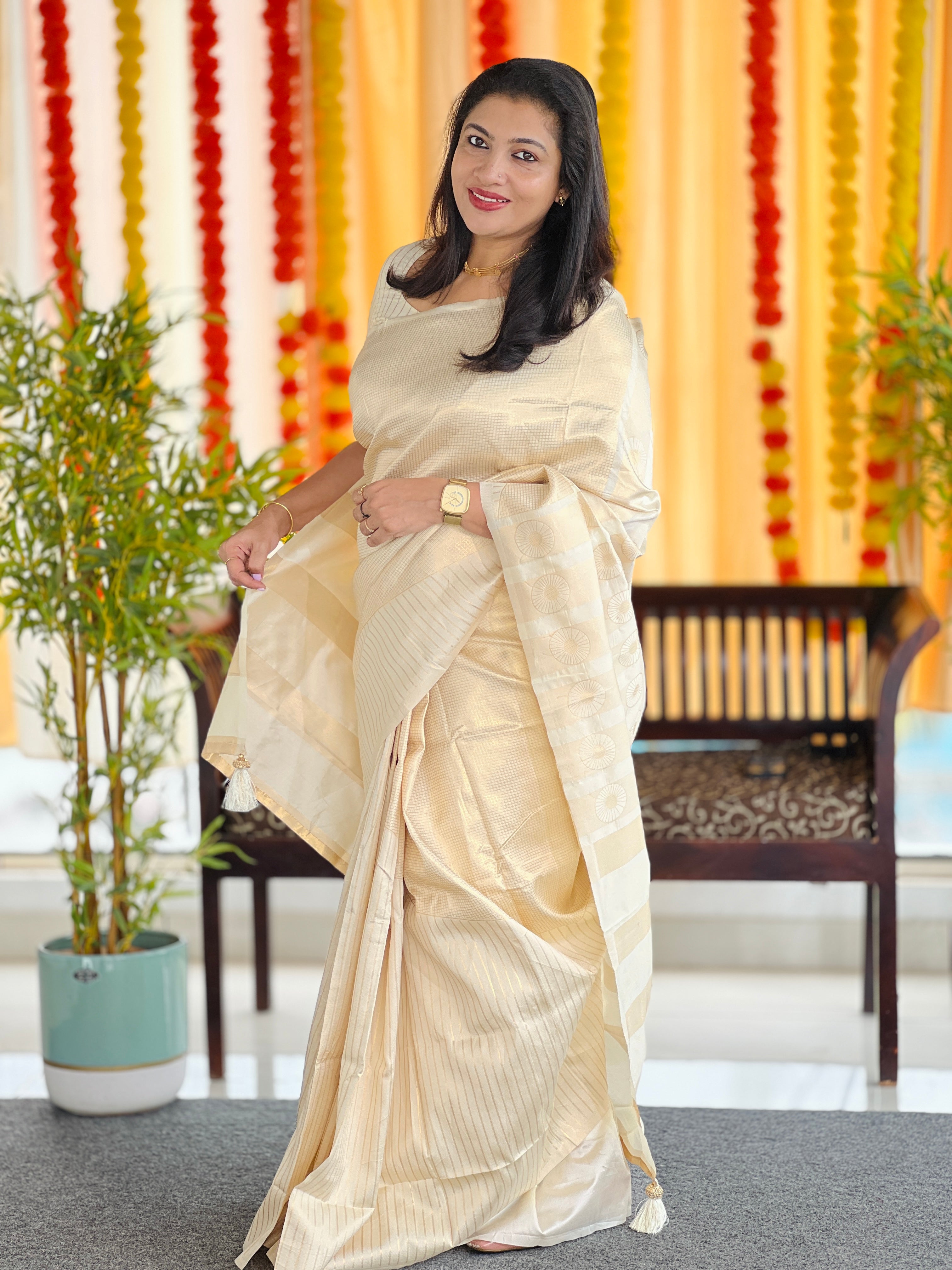 Zari Check Weaving With Stripe Patterned Semi Silk Saree | HT212