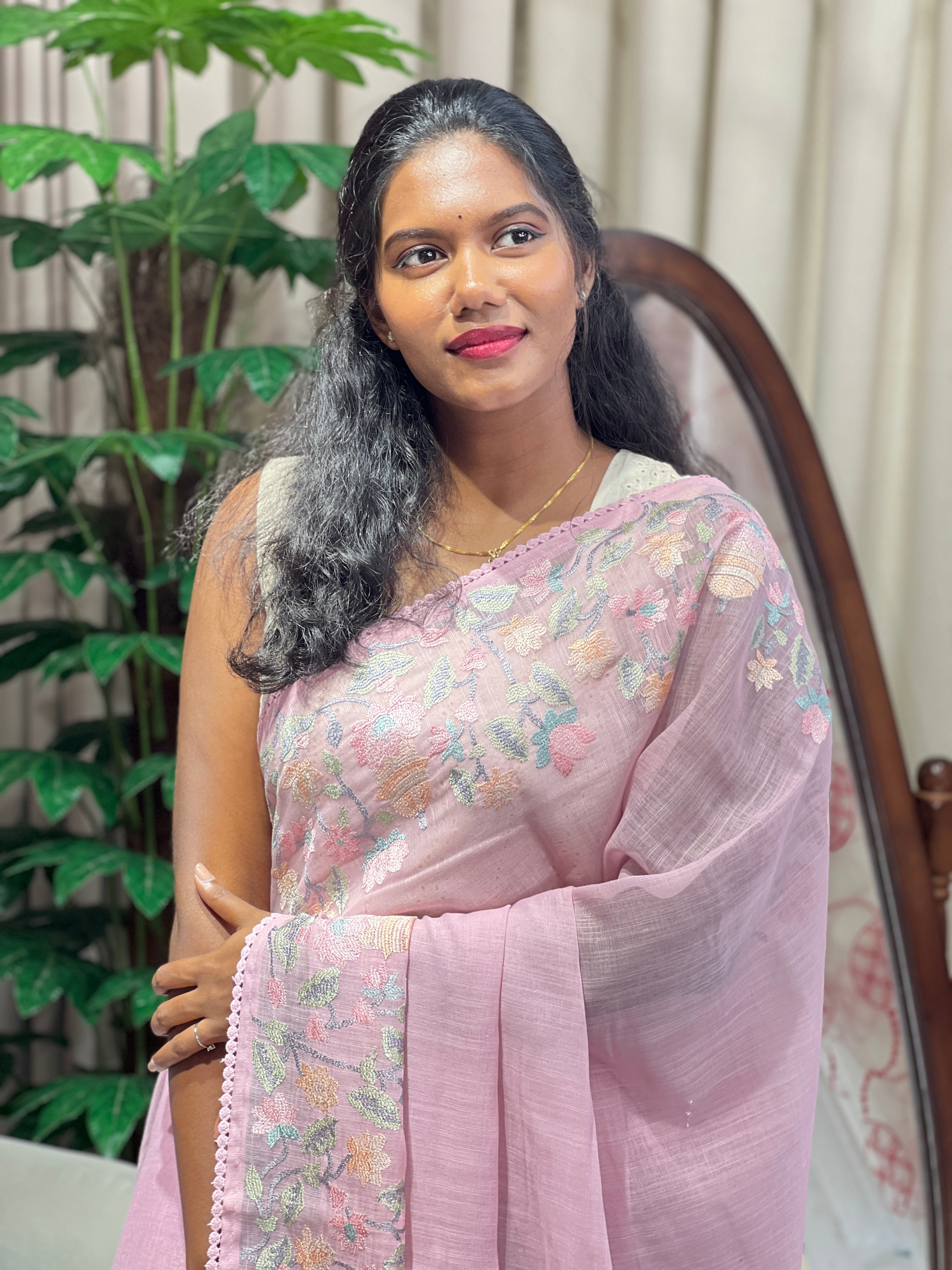 Floral Embroidery Detailed Linen-Cotton Saree | BLD1949