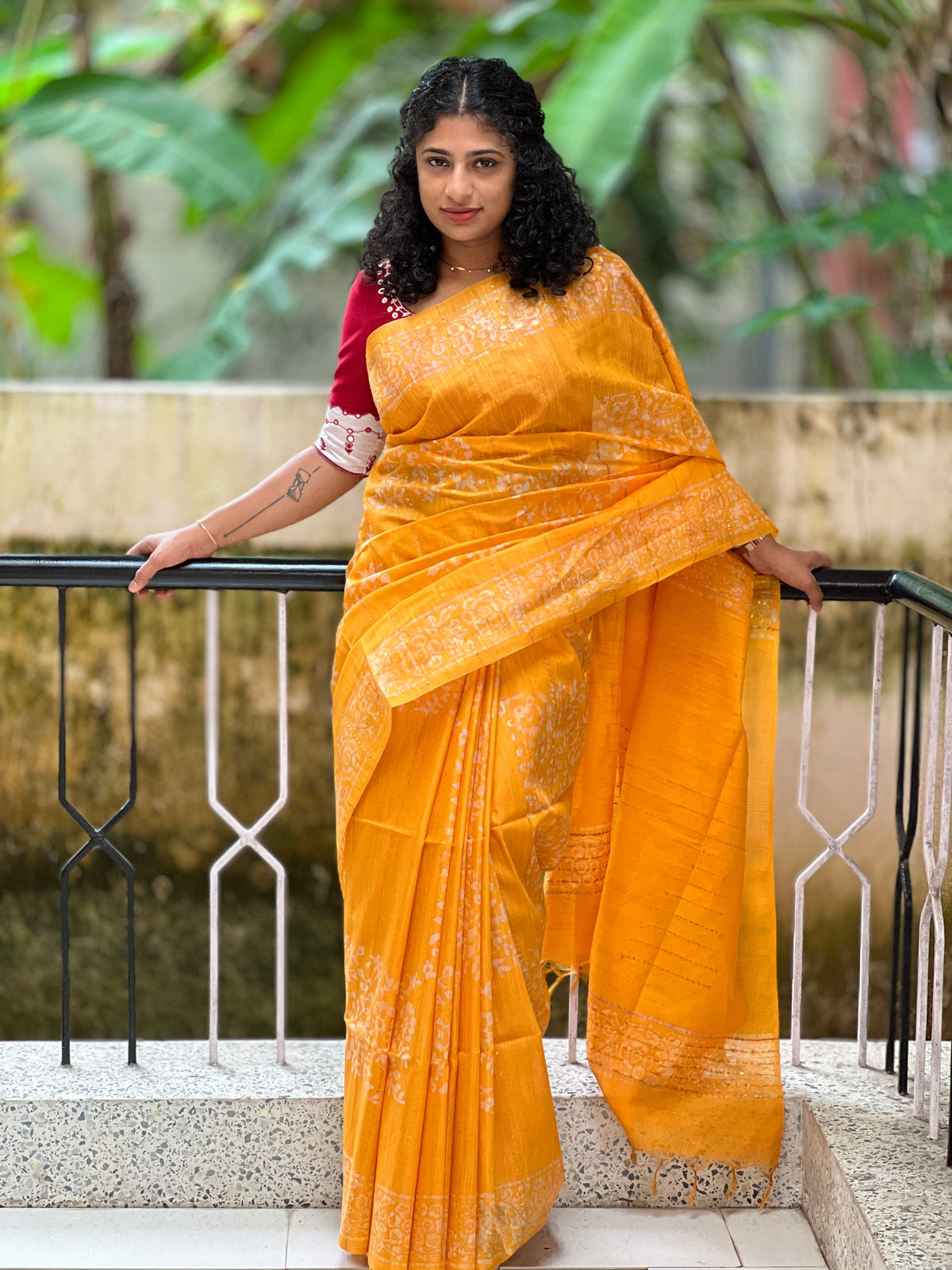 Geometrical Pattern Batik Print Design Bhagalpuri Linen Saree | US161