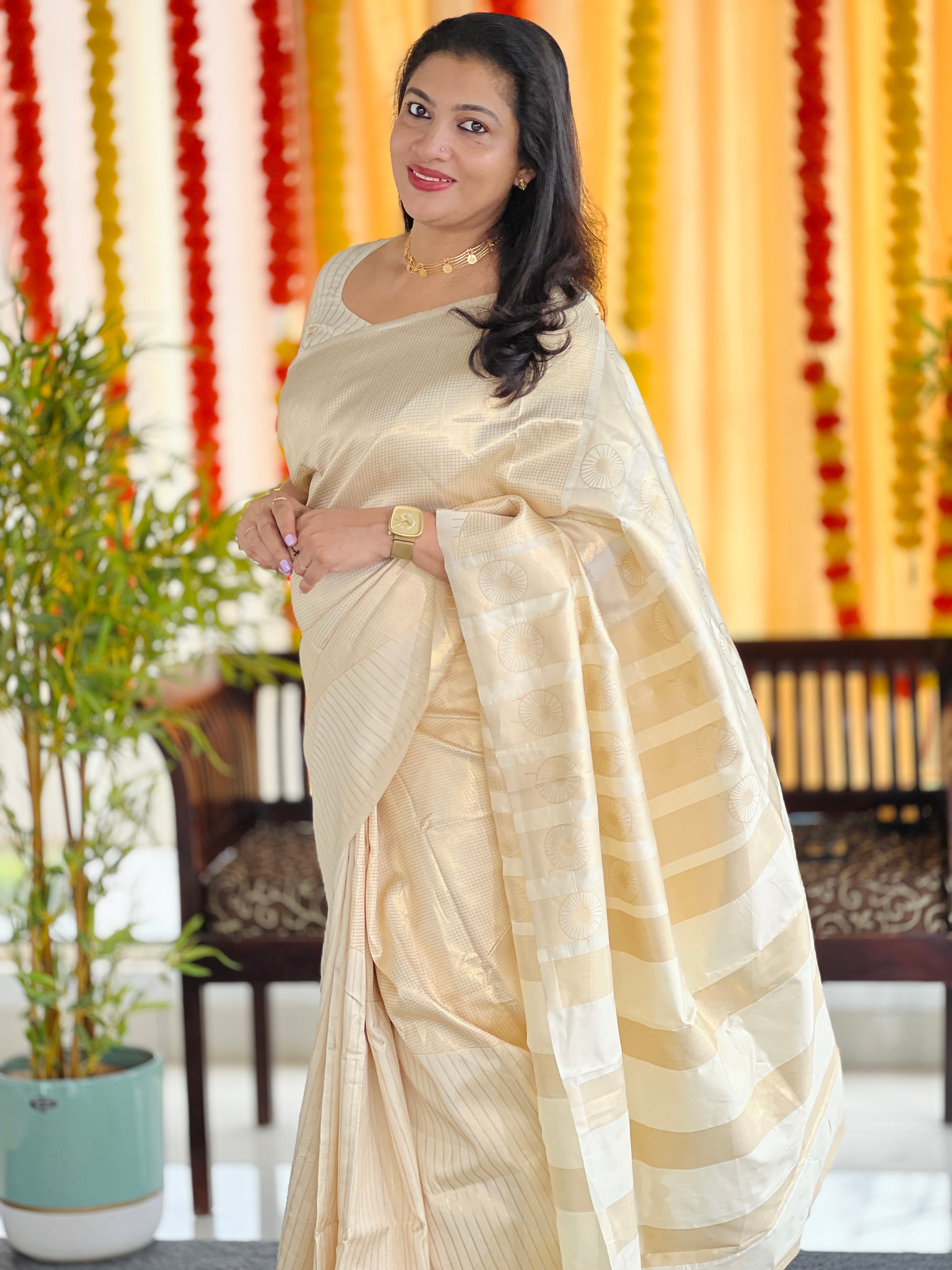 Zari Check Weaving With Stripe Patterned Semi Silk Saree | HT212