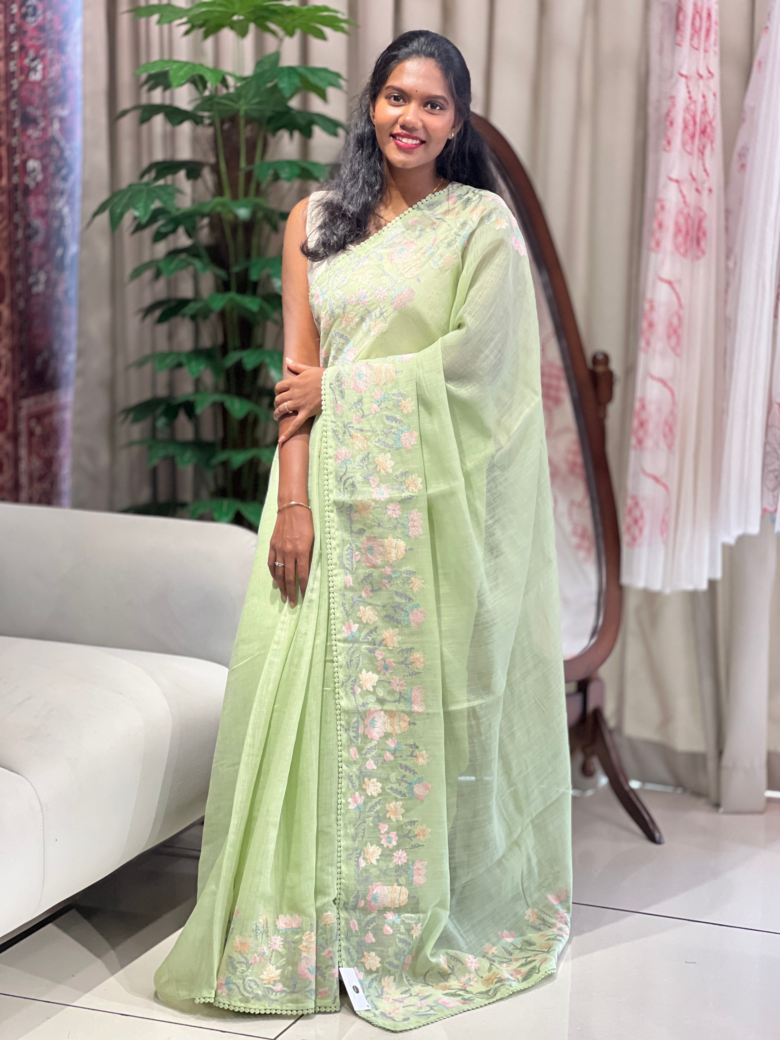 Floral Embroidery Detailed Linen-Cotton Saree | BLD1950