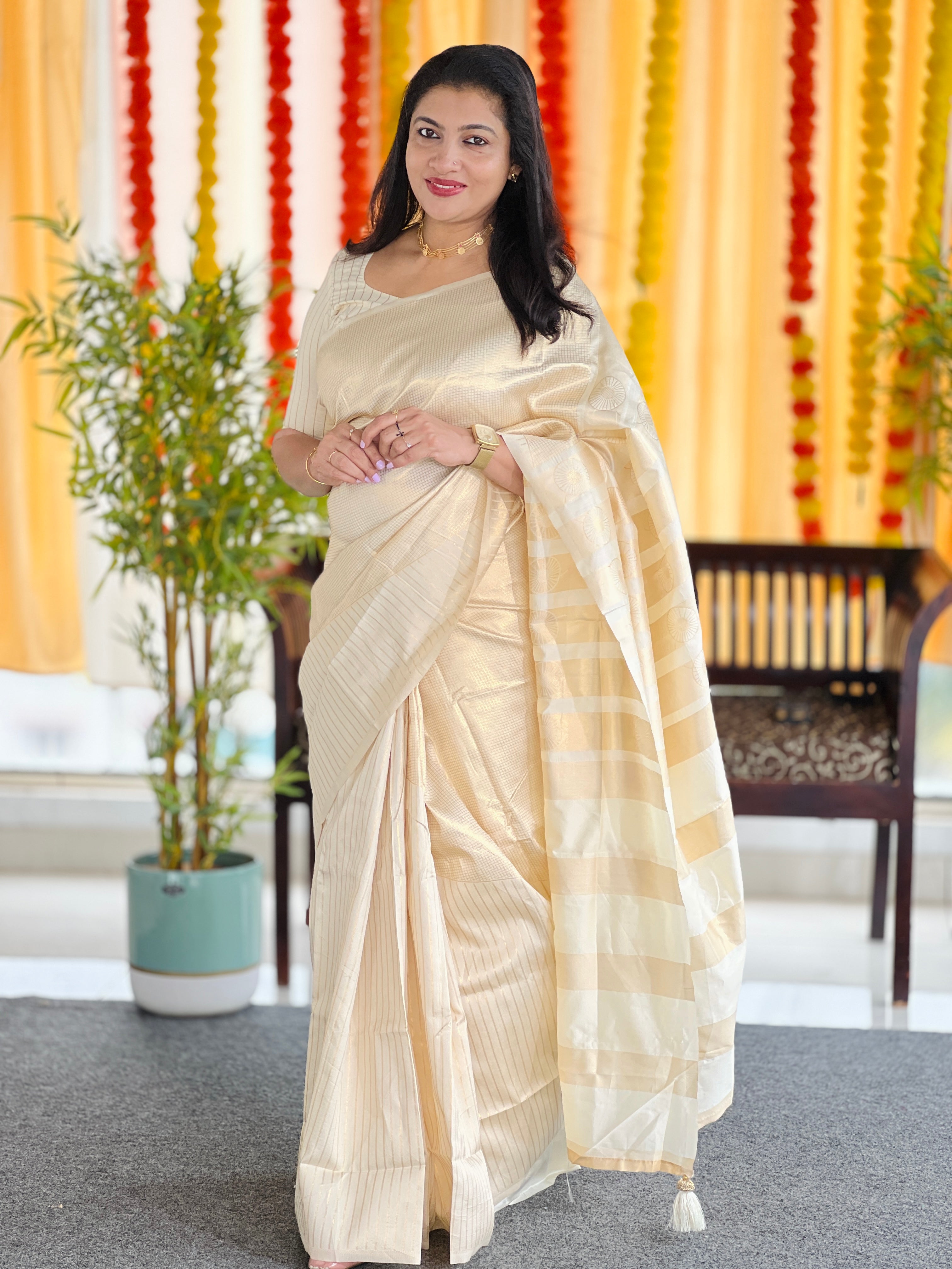 Zari Check Weaving With Stripe Patterned Semi Silk Saree | HT212