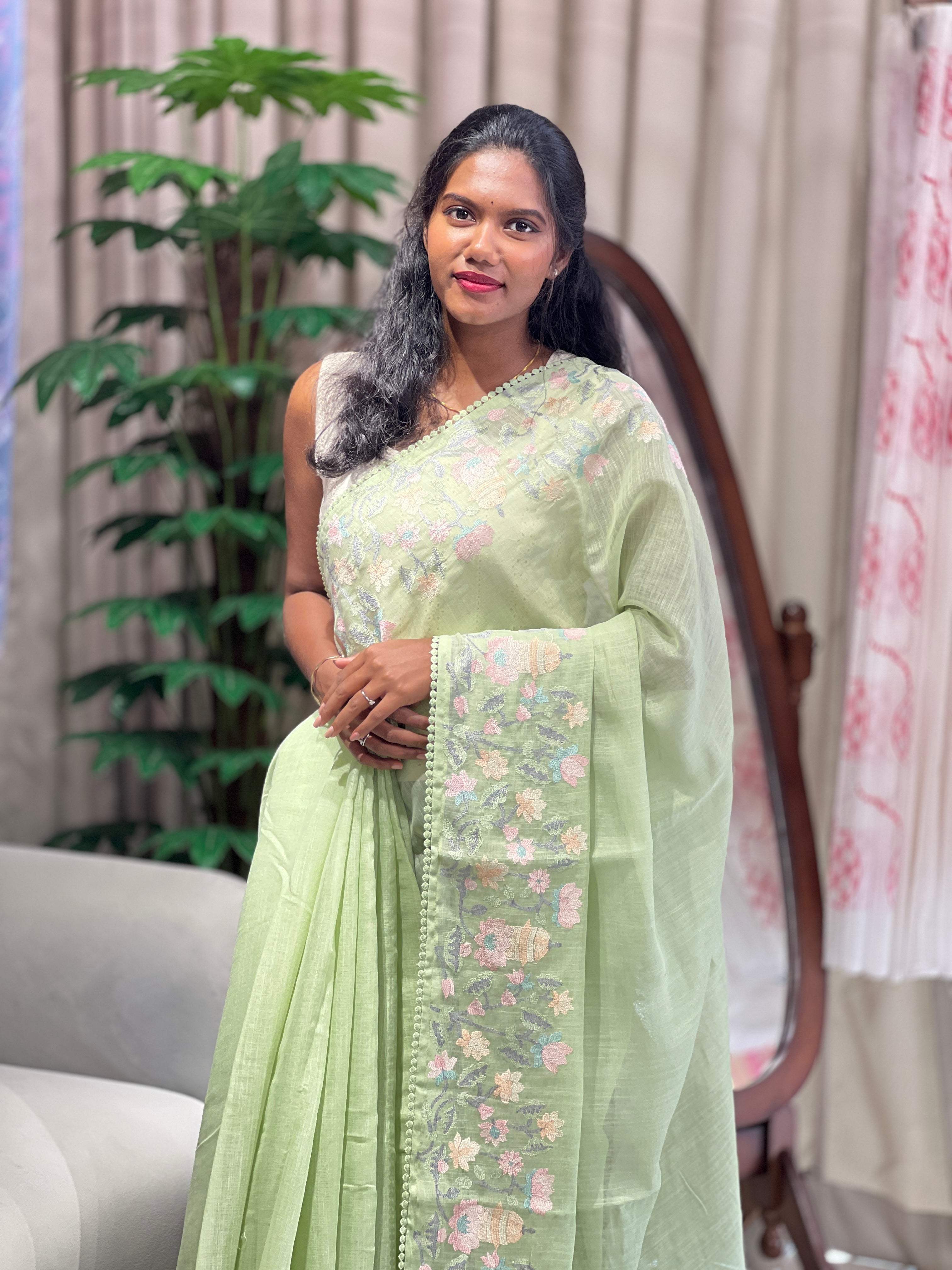 Floral Embroidery Detailed Linen-Cotton Saree | BLD1950