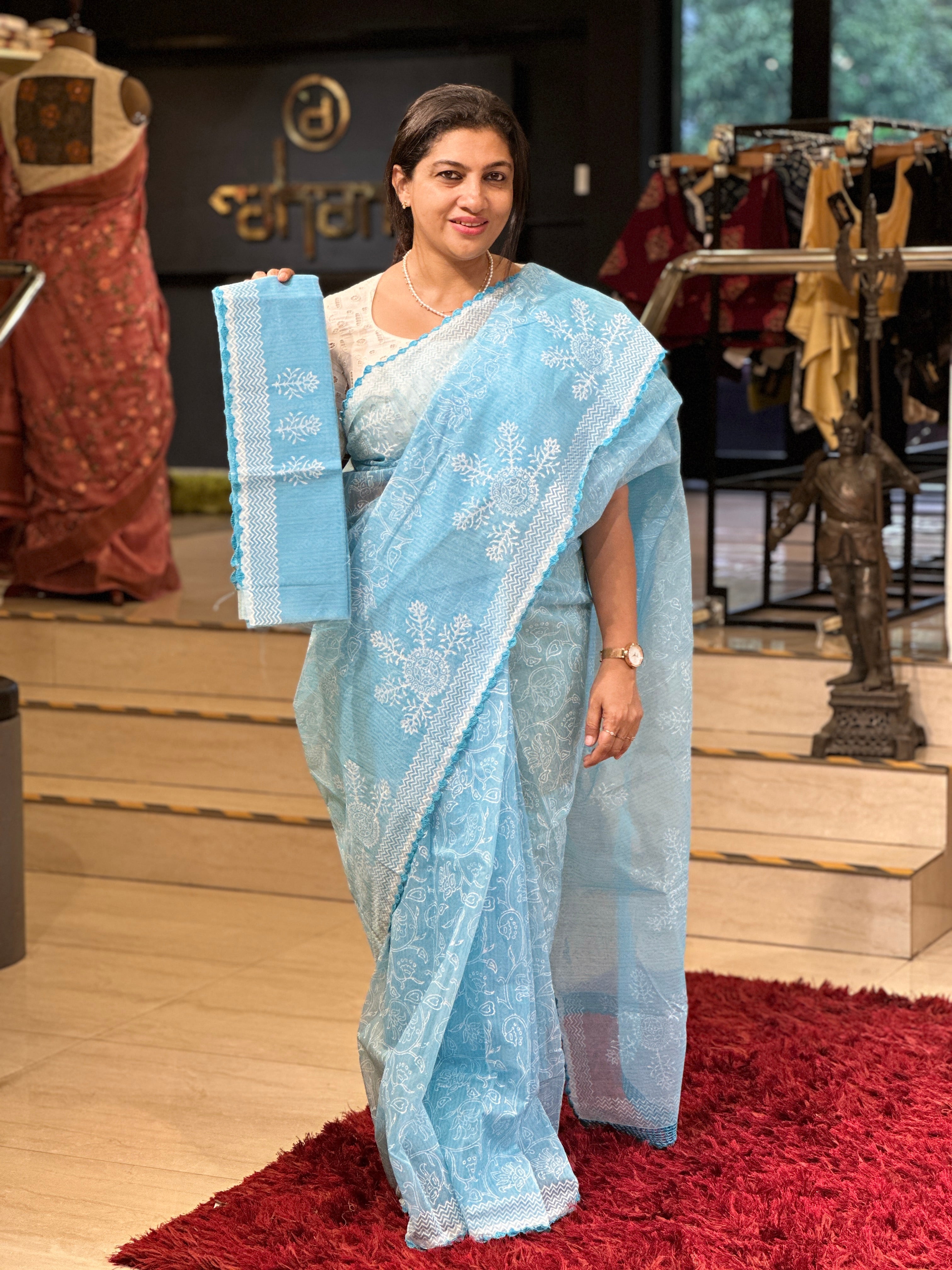 Block Print Detailed Super Net Kota Saree | JSC205