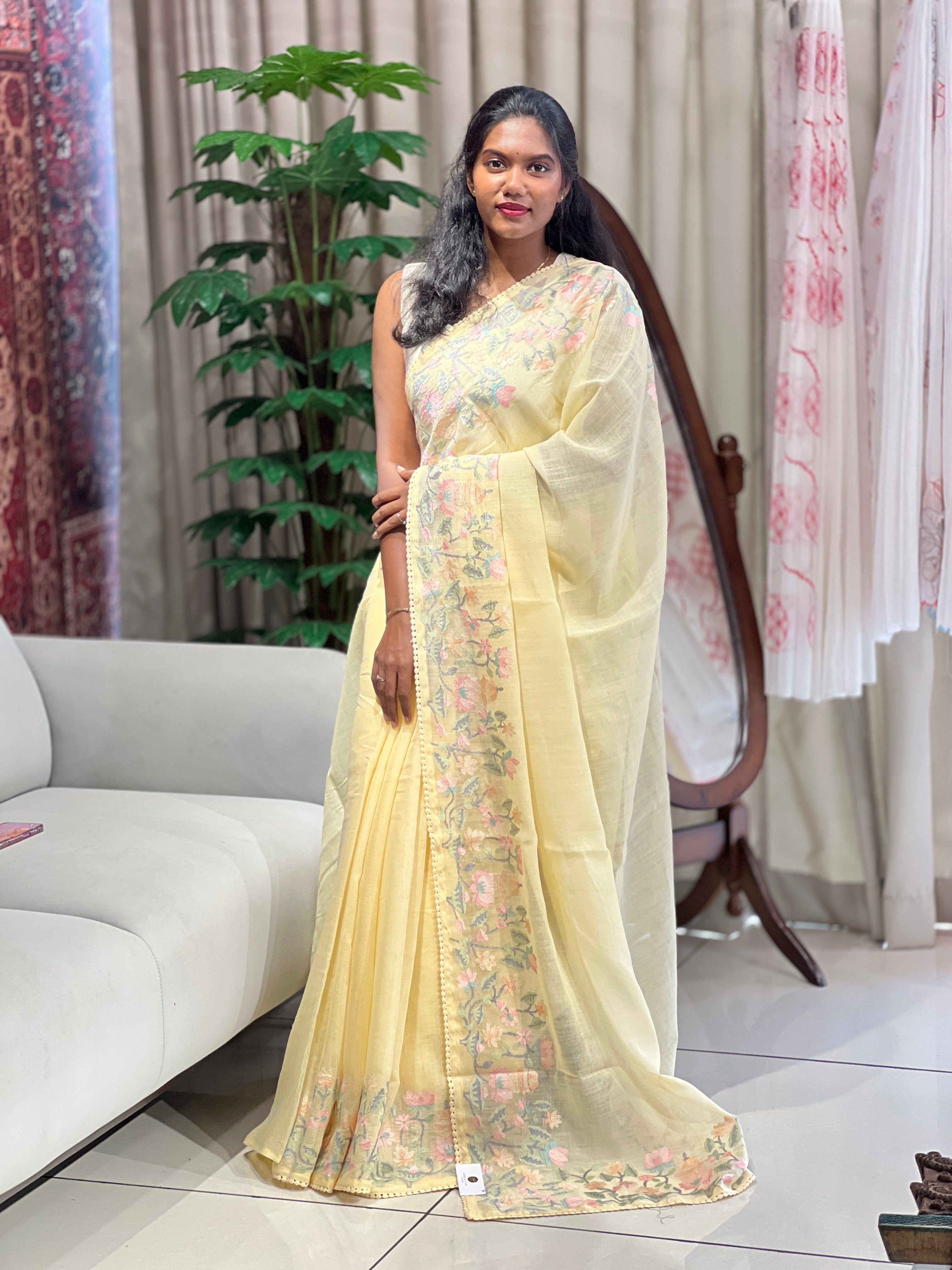 Floral Embroidery Detailed Linen-Cotton Saree | BLD1951