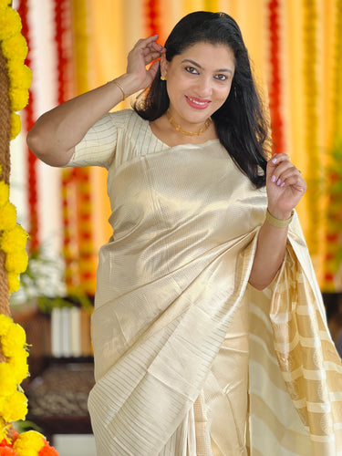 Zari Check Weaving With Stripe Patterned Semi Silk Saree | HT212