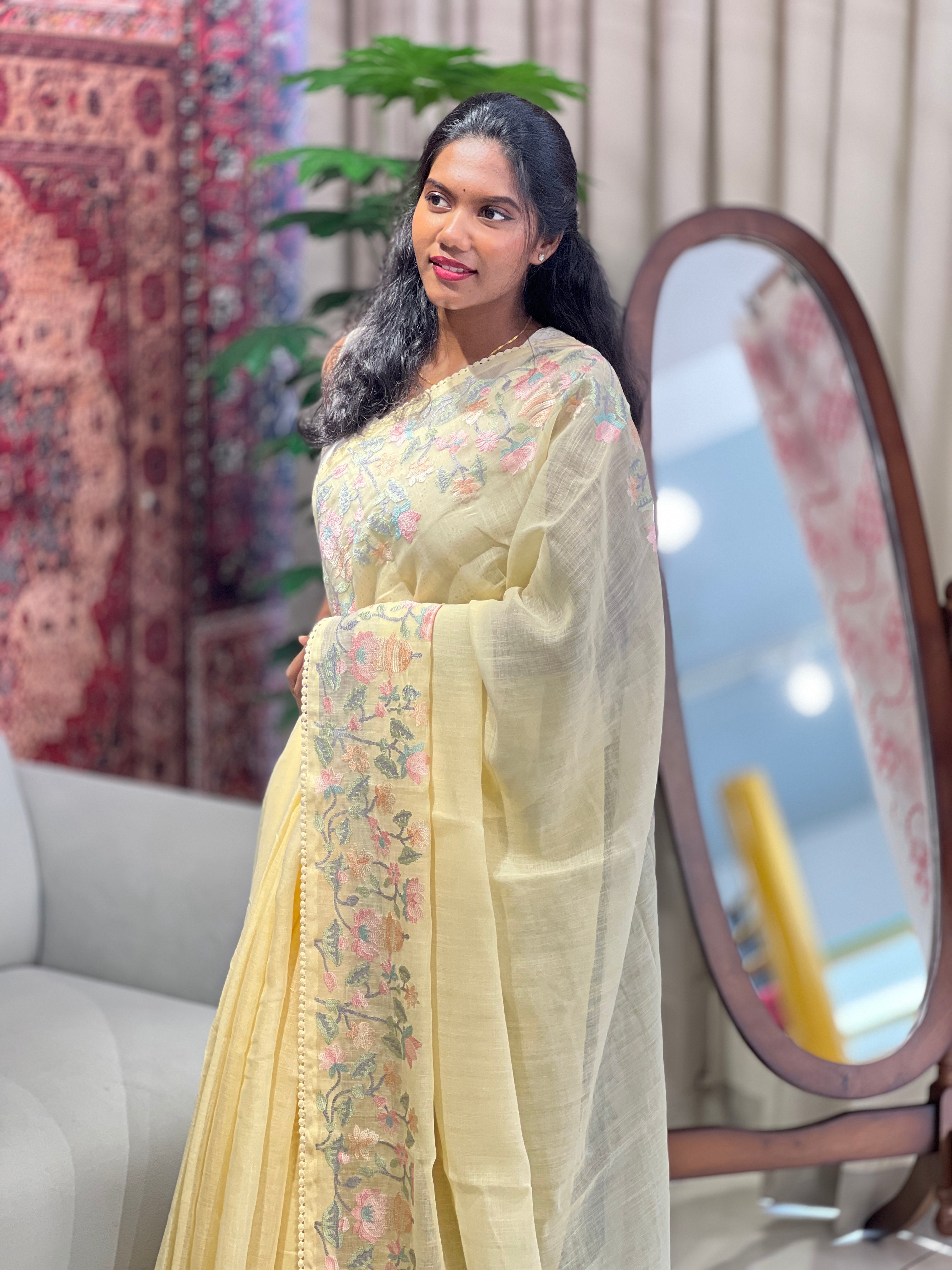 Floral Embroidery Detailed Linen-Cotton Saree | BLD1951