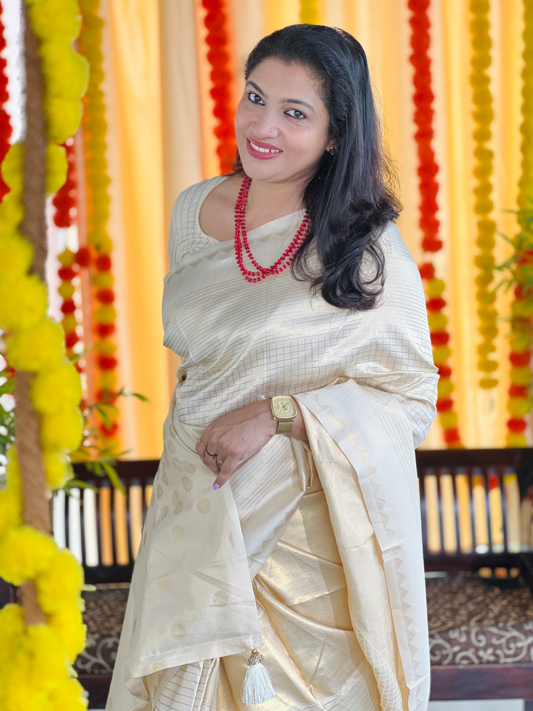Check & Line Patterned Tissue Weaved Semi Silk Saree | HT214