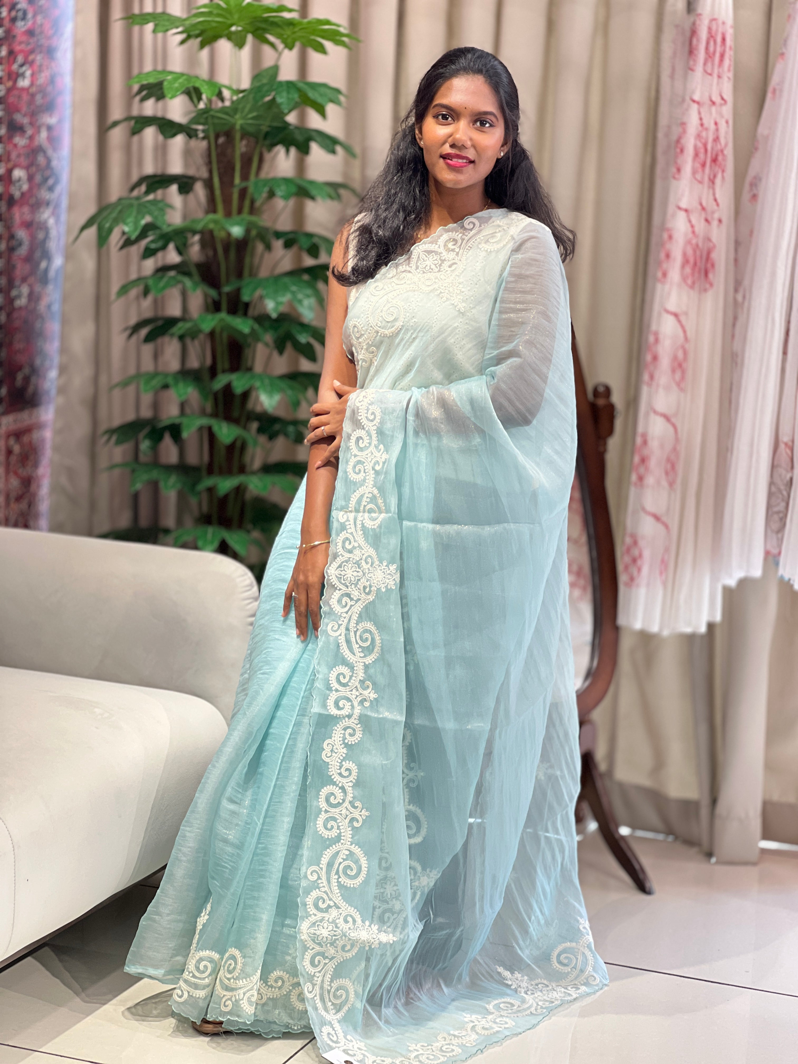 Machine Embroidery Detailed Crushed Shimmer Organza Saree | BLD2001