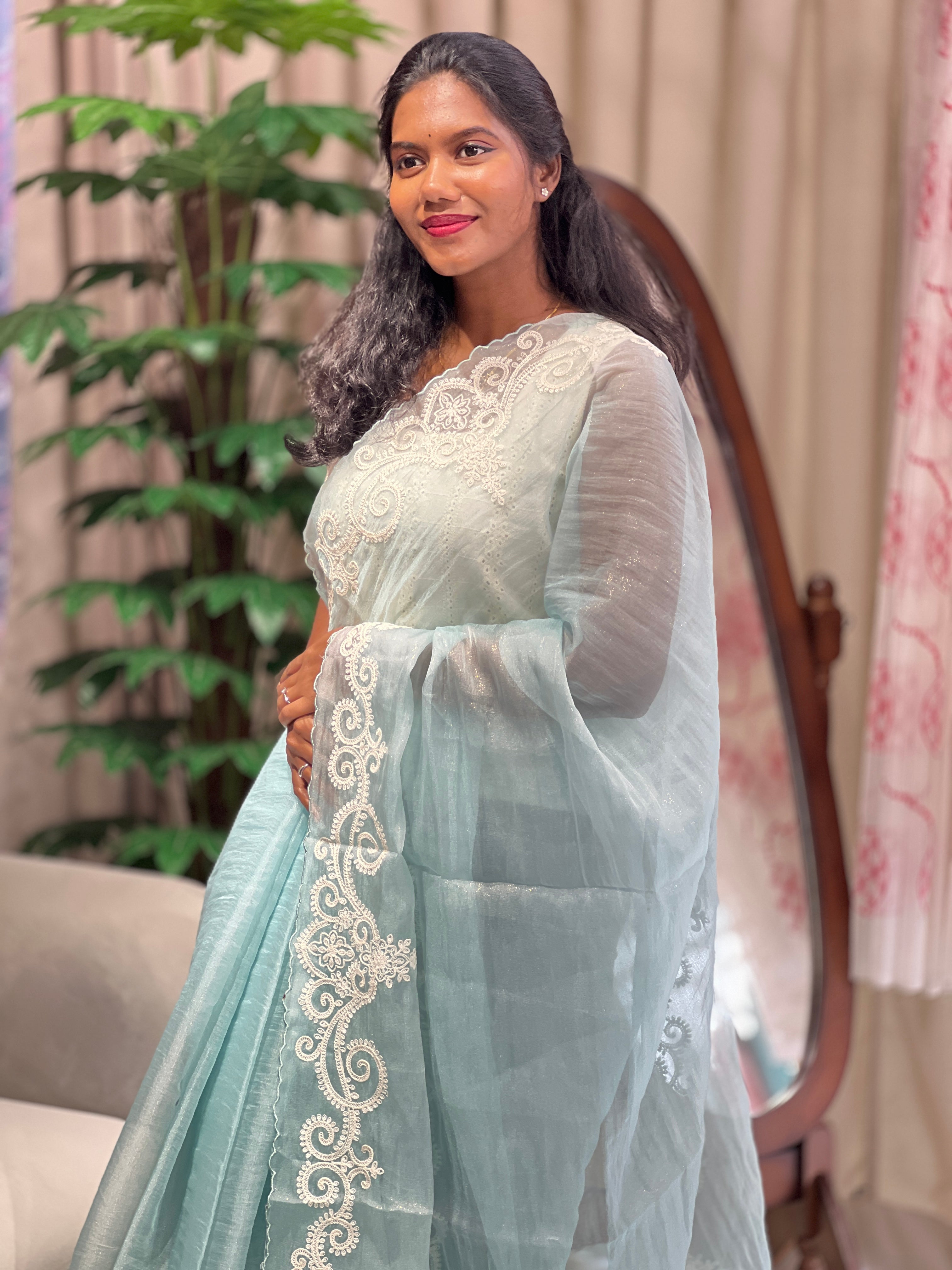 Machine Embroidery Detailed Crushed Shimmer Organza Saree | BLD2001